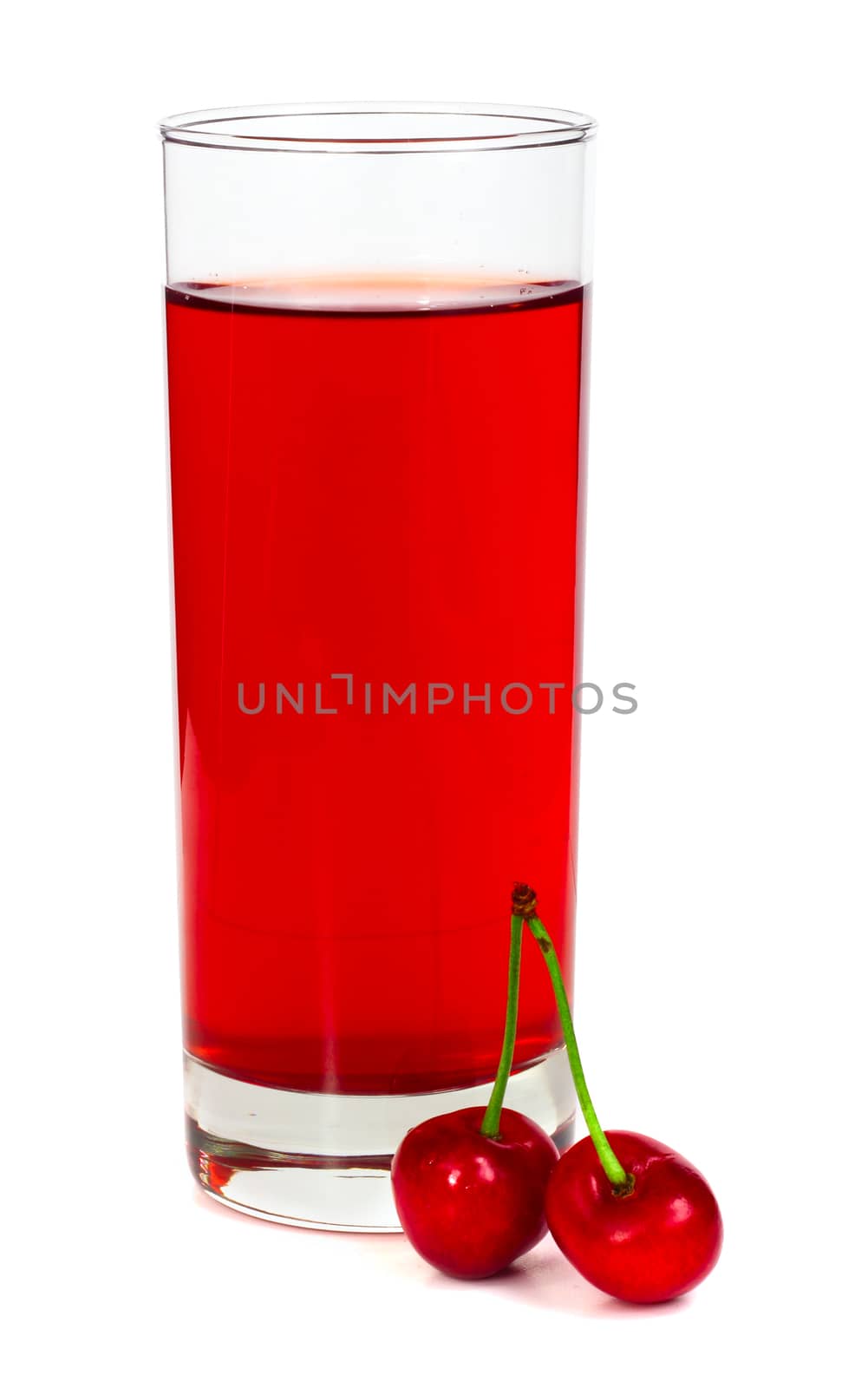 Juice with two cherries isolated on white background