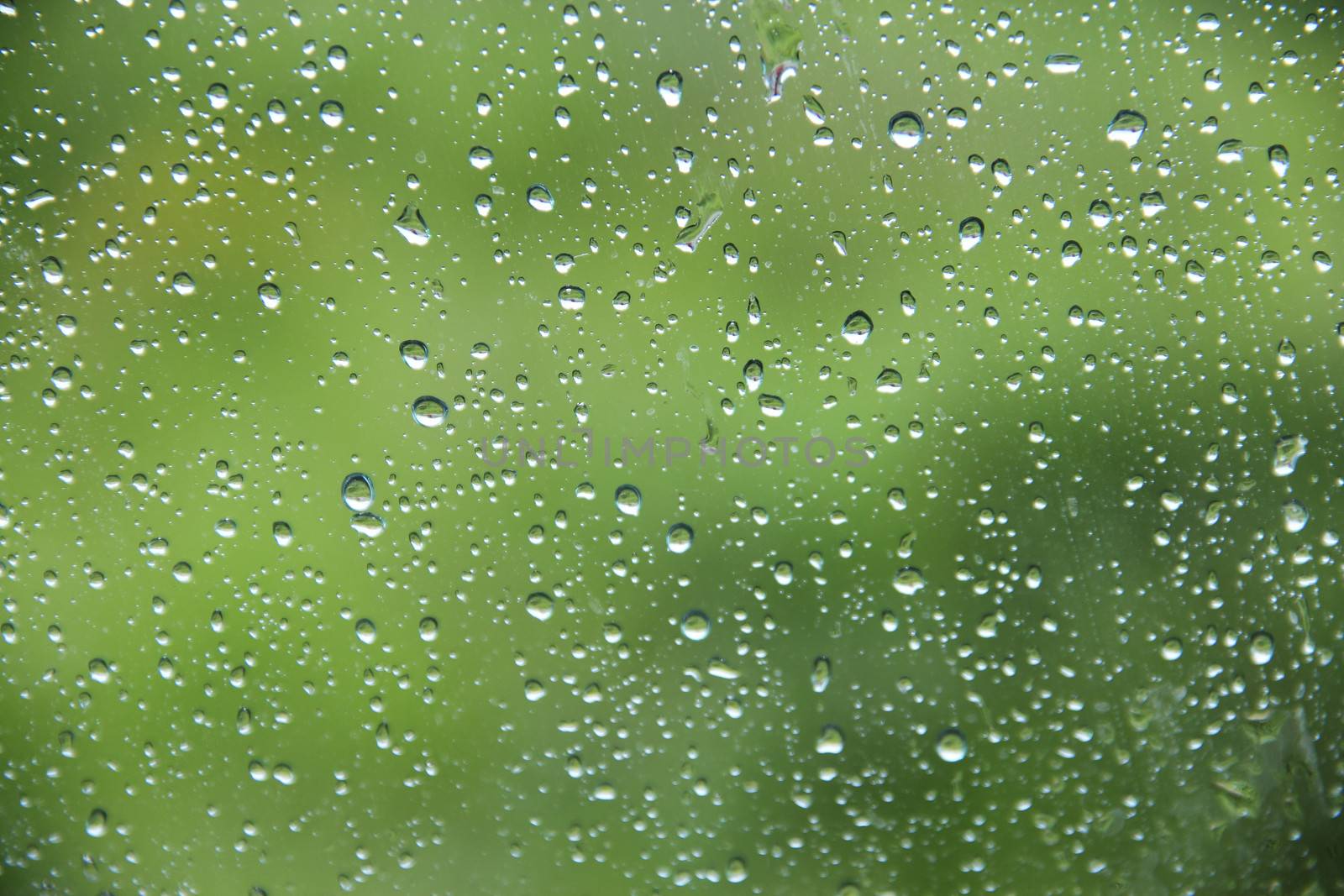 Water drops on green transparent glass close up