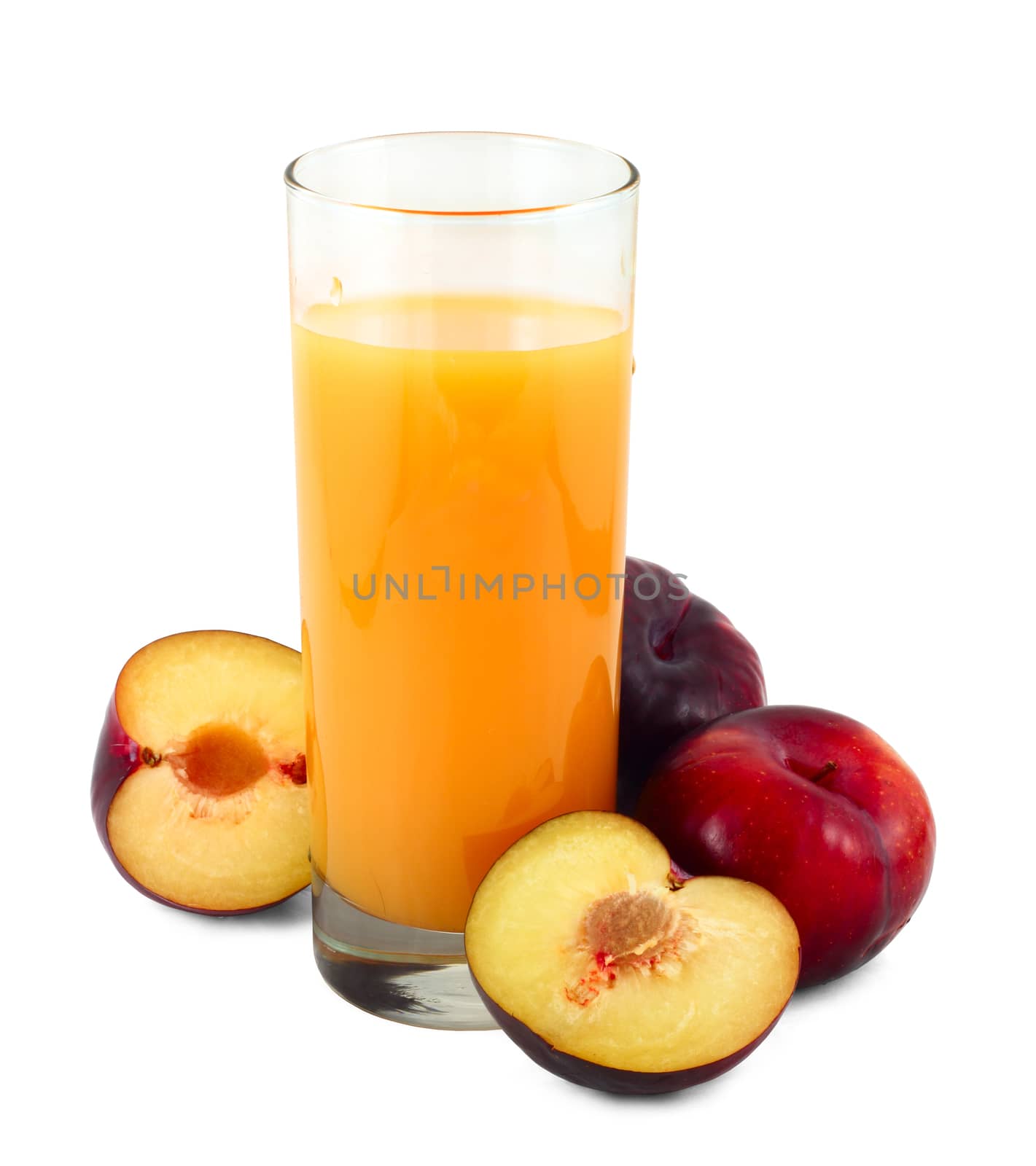 Plum juice with cut plums isolated on white background