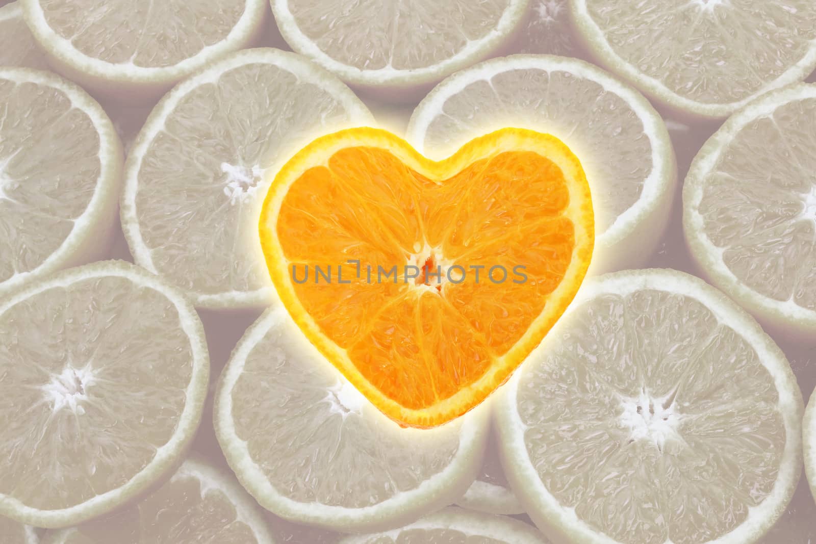 Orange heart in center of  slice background by destillat