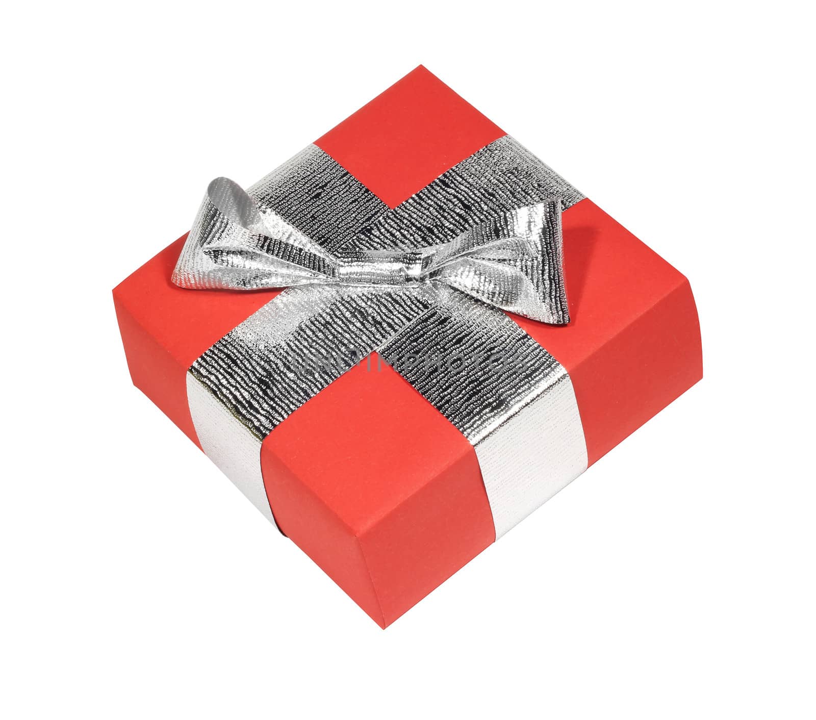 Red gift box with silver ribbon isolated on white