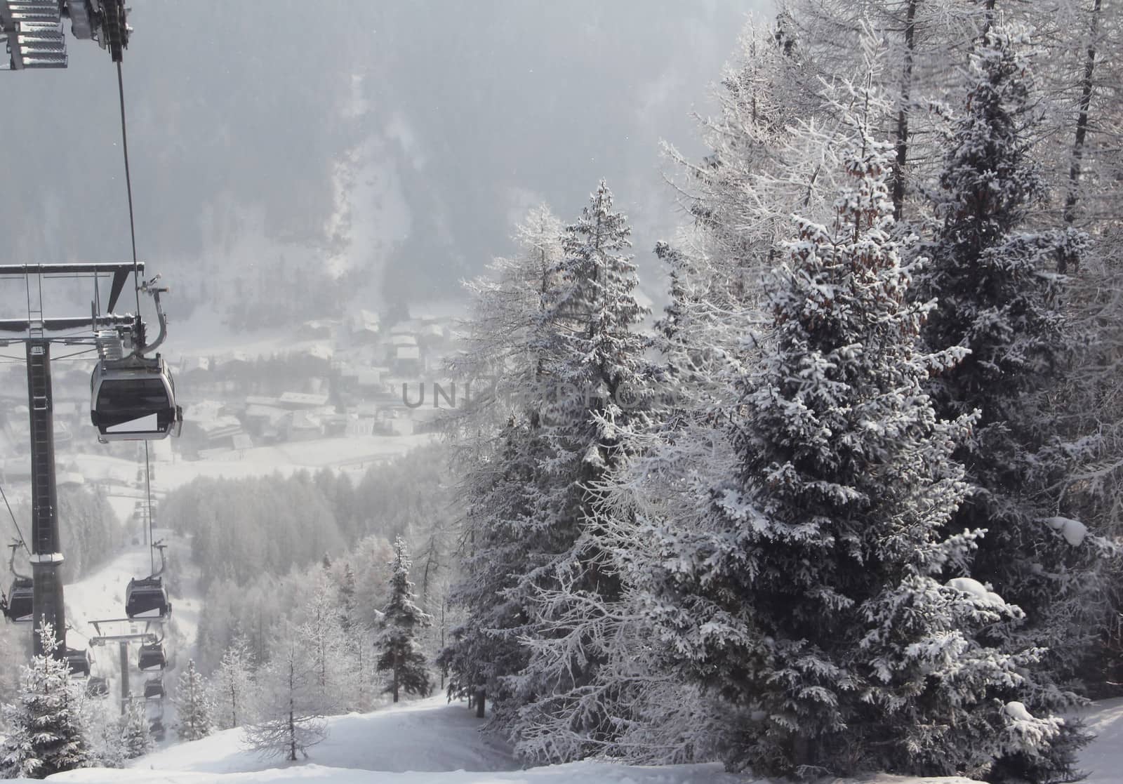 Chair lift between beautiful firs in winter mountains by destillat