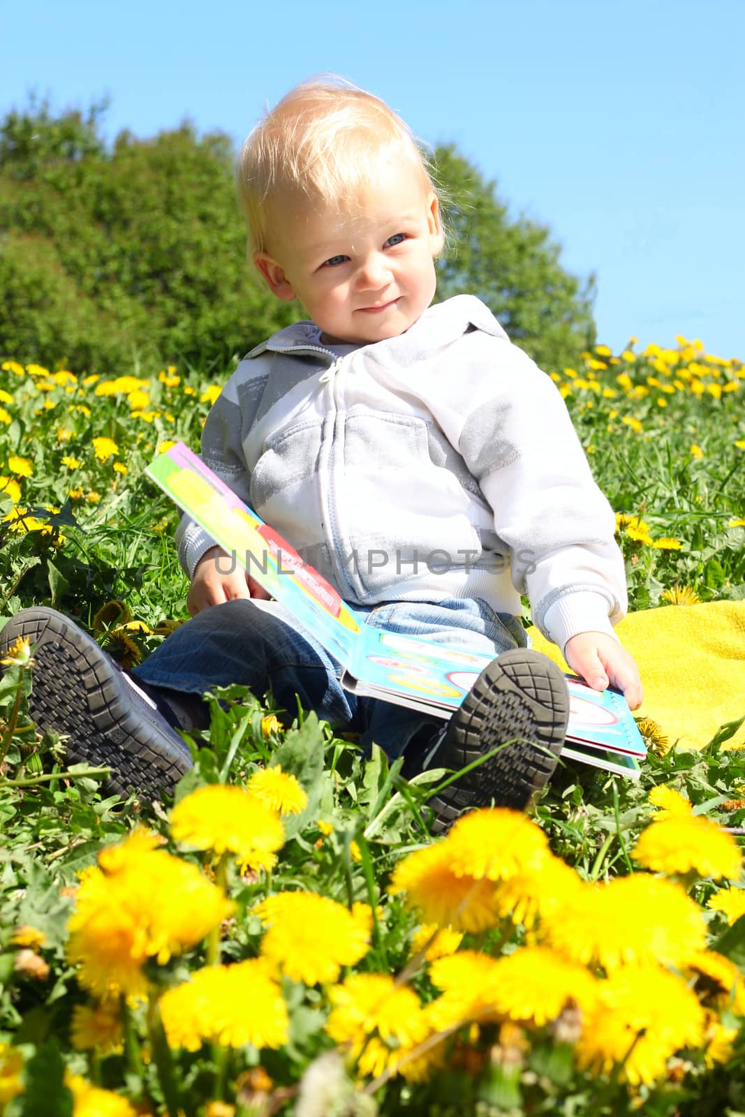 Small child sitting with book on spring flower field