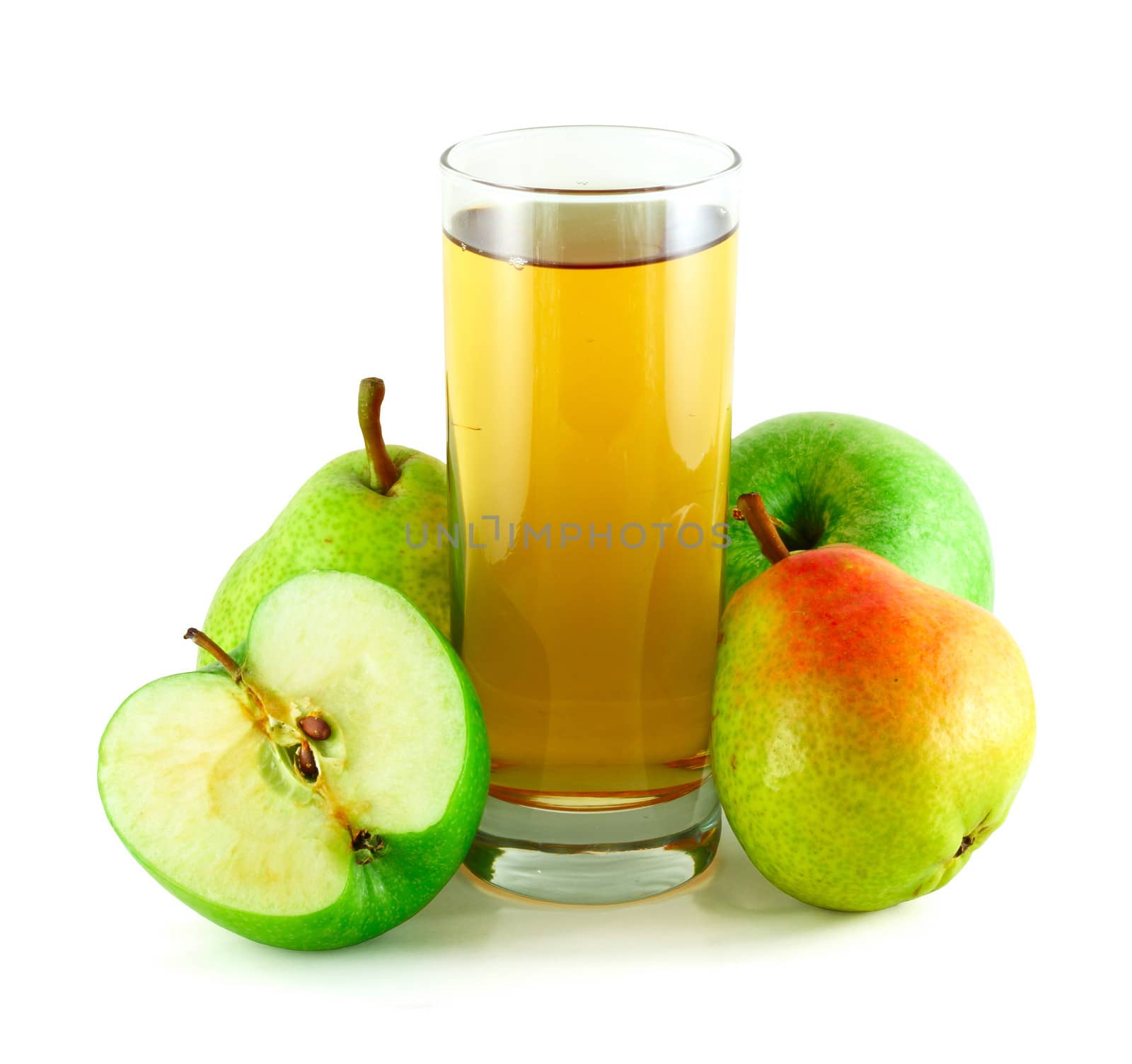 Apple and pear juice with apples and pears isolated on white background