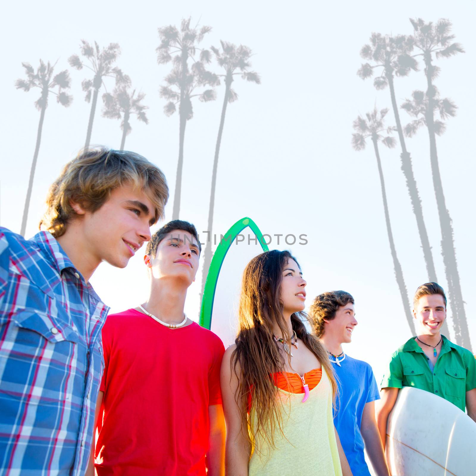 Teenager surfers boys and girls group happy in beach shore high key