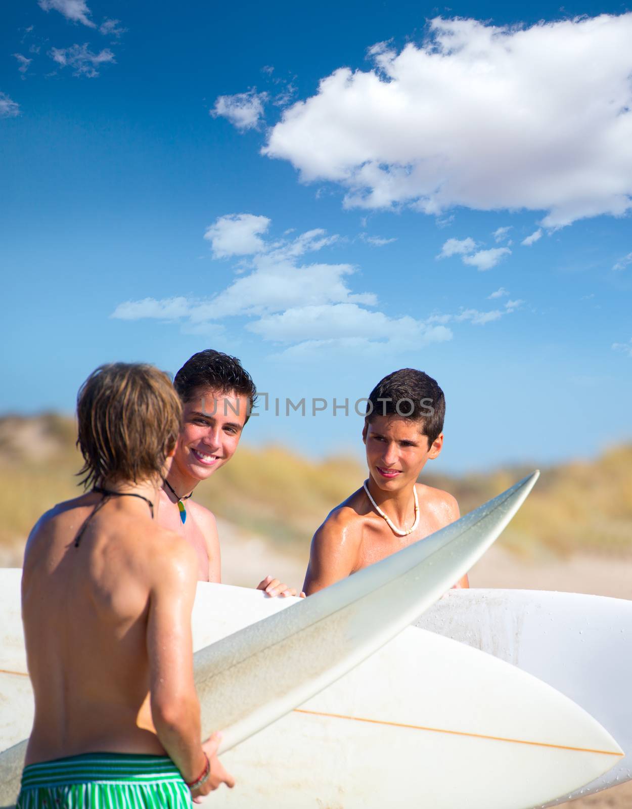 Surfer teen boys talking on beach shore by lunamarina