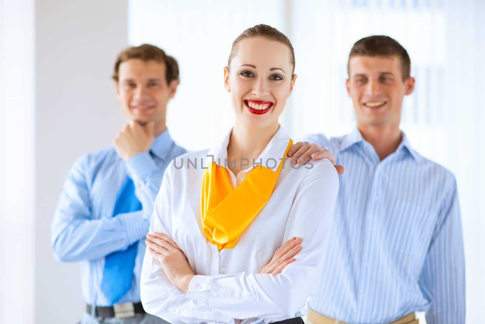 young successful business woman receiving congratulations from his colleagues