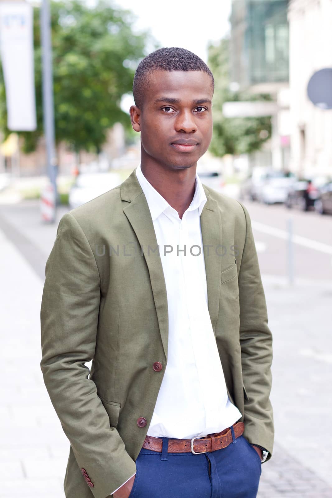young successful african business man outdoor in summer self confident