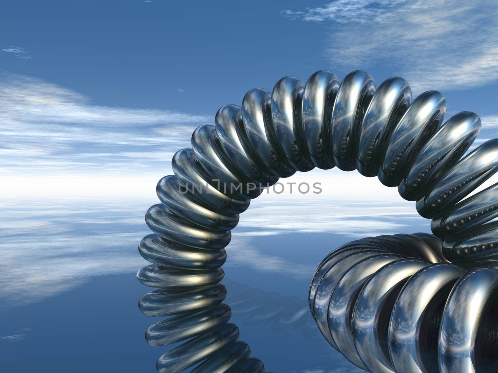 abstract metal rings construction under cloudy blue sky - 3d illustration