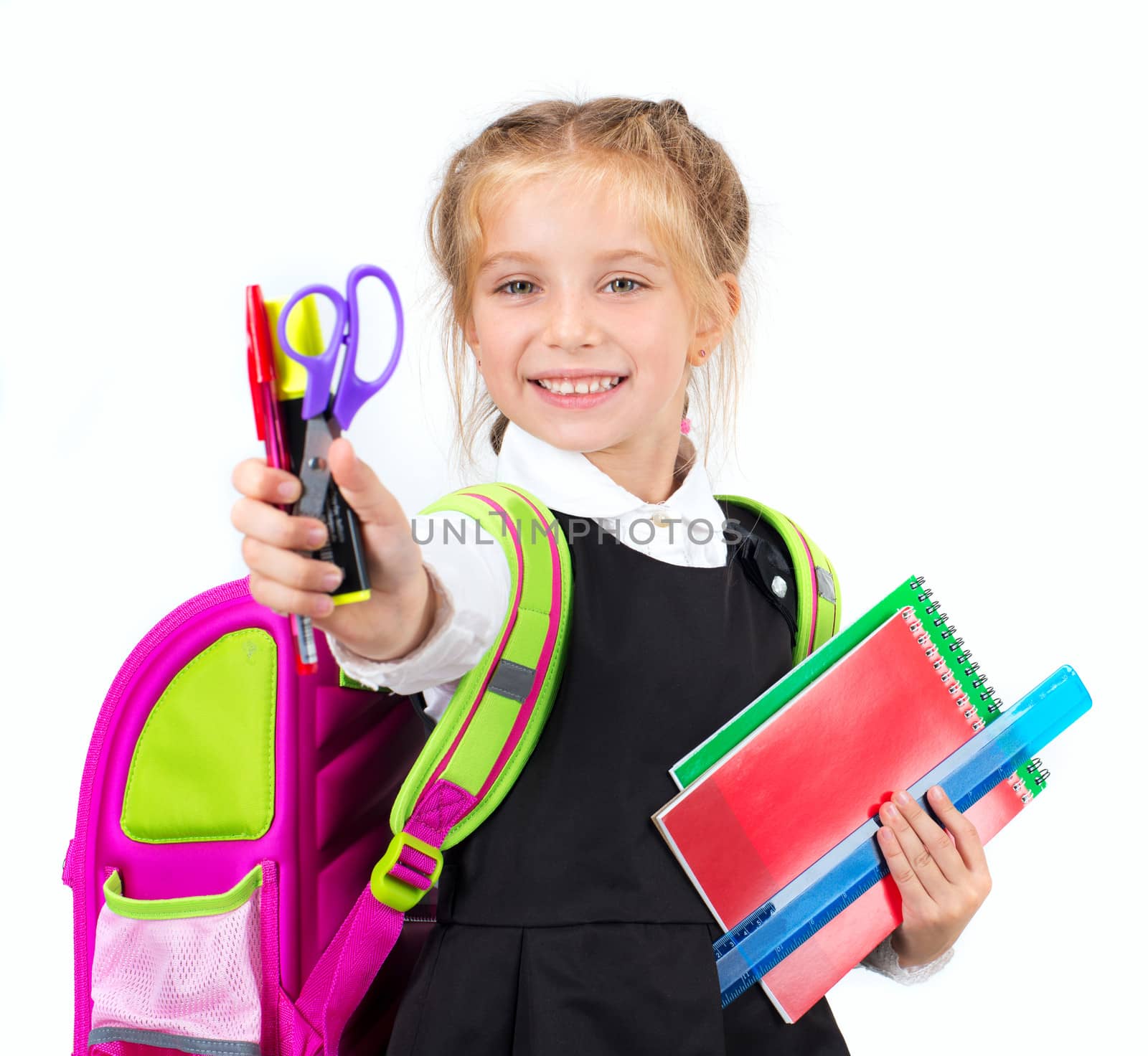 little cute girl with a stationery on white background