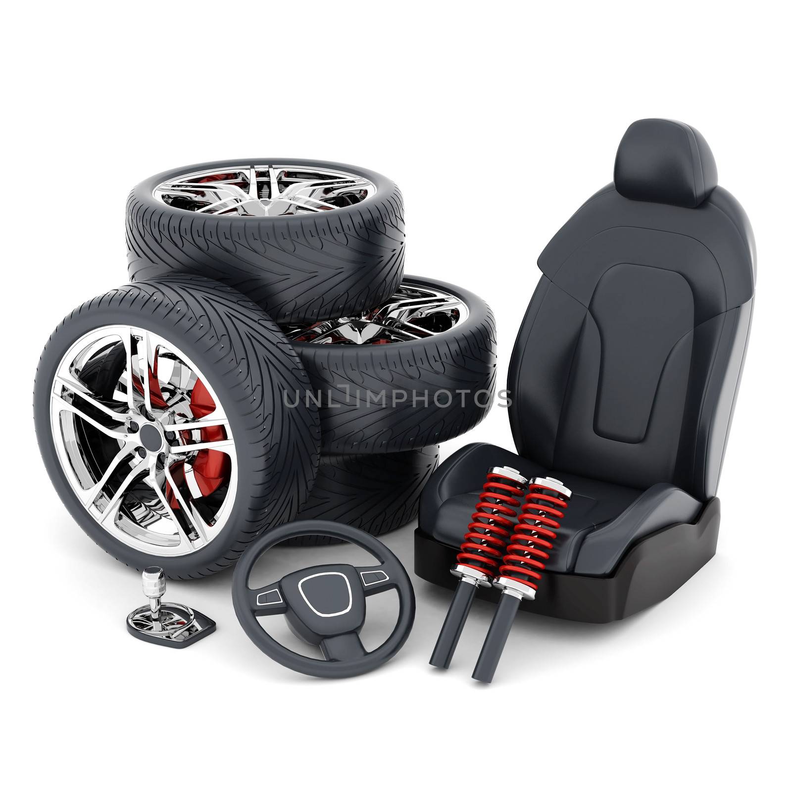 many auto parts on a white background