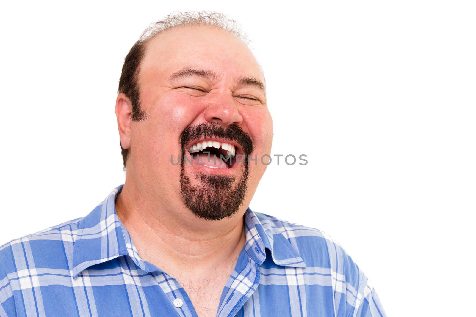 Big man having a hearty laugh of enjoyment and merriment with his head thrown back and eyes closed, isolated on white