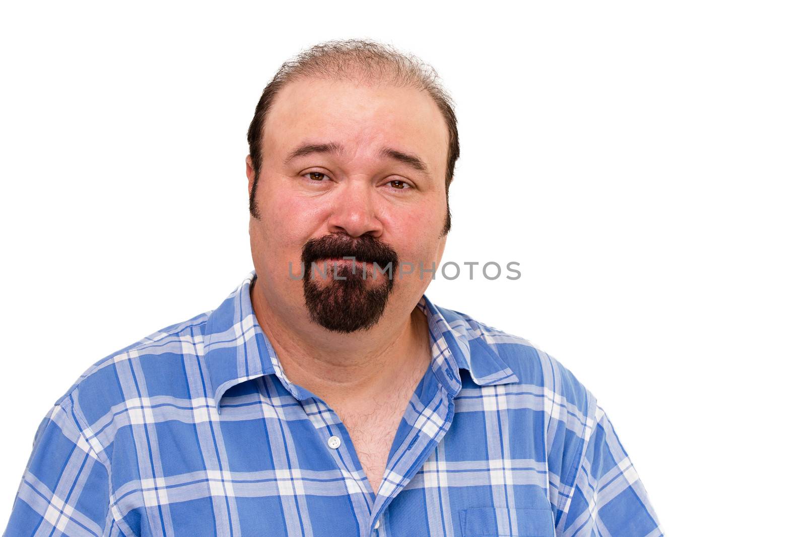 Speechless Caucasian middle-aged man wearing a casual checkered shirt, portrait on white background