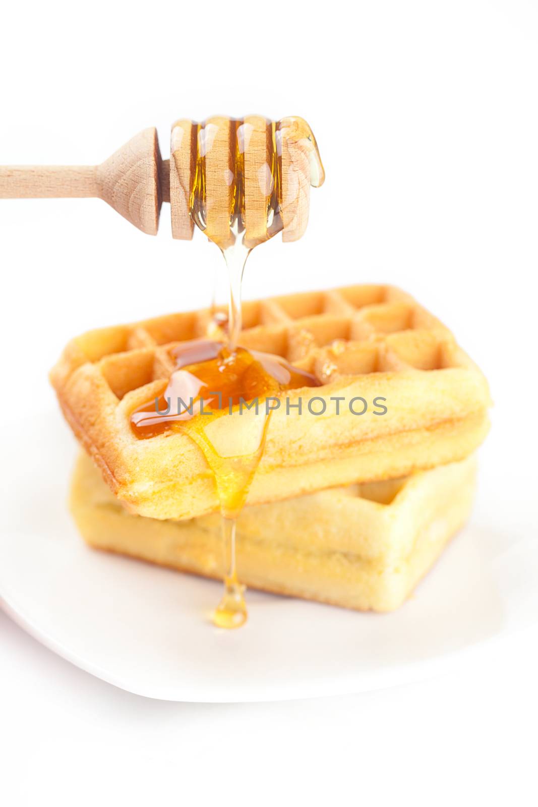Belgian waffles on a plate, stick for honey and honey isolated o by jannyjus