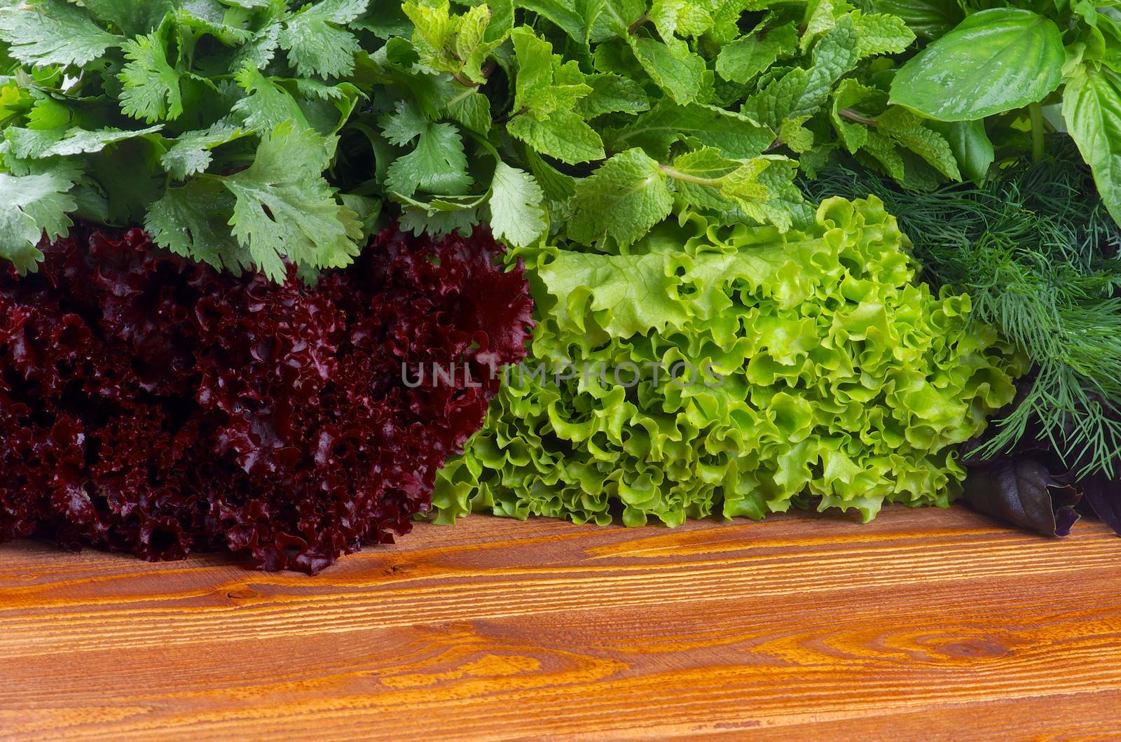 Frame of Various Fresh Greens with Lettuce, Basil, Mint, Dill and Parsley closeup on Wooden background