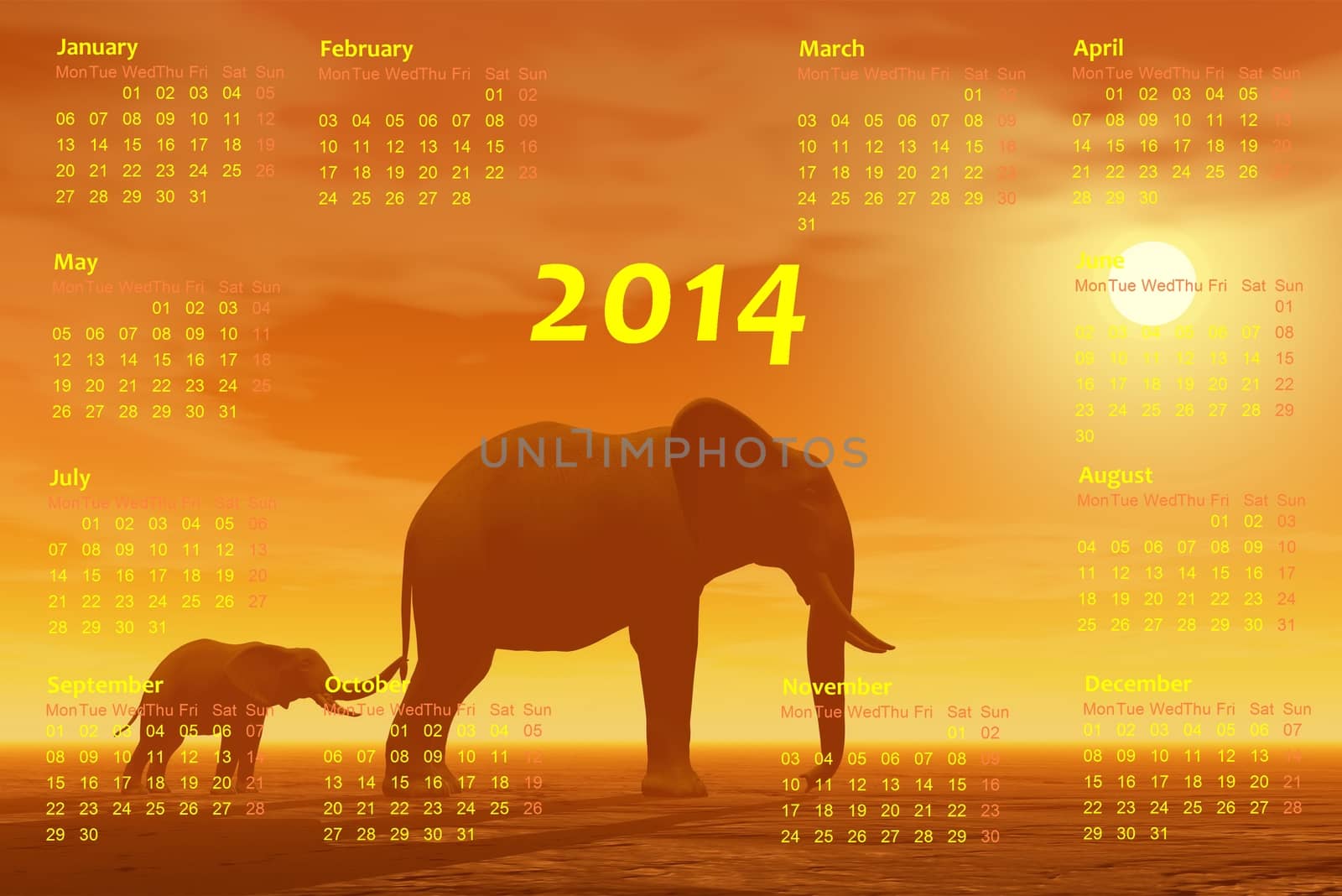 English 2014 monthly calendar and mum elephant with baby by foggy sunset in background