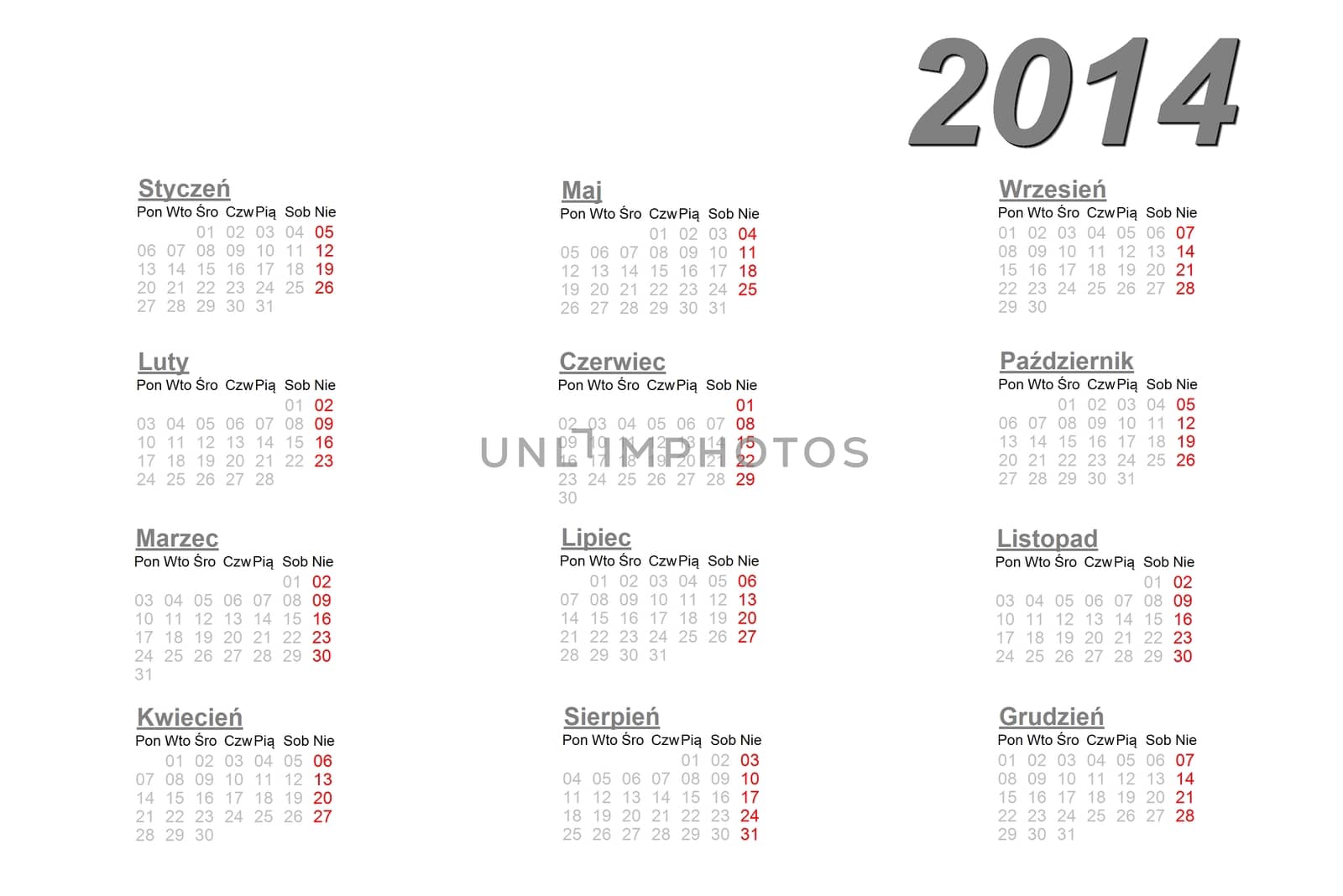 Polish calendar for 2014 on white background