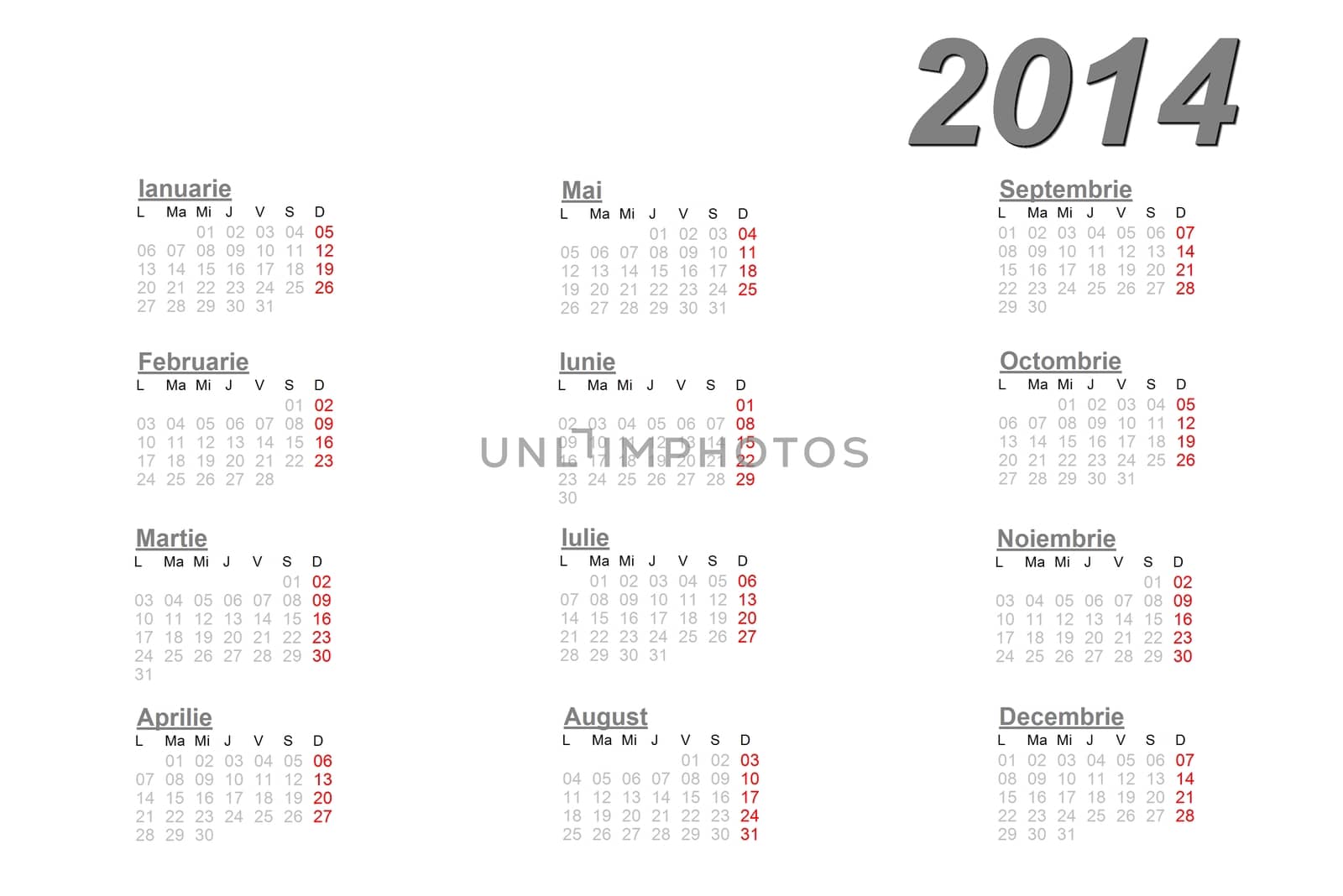 Romanian calendar for 2014 on white background