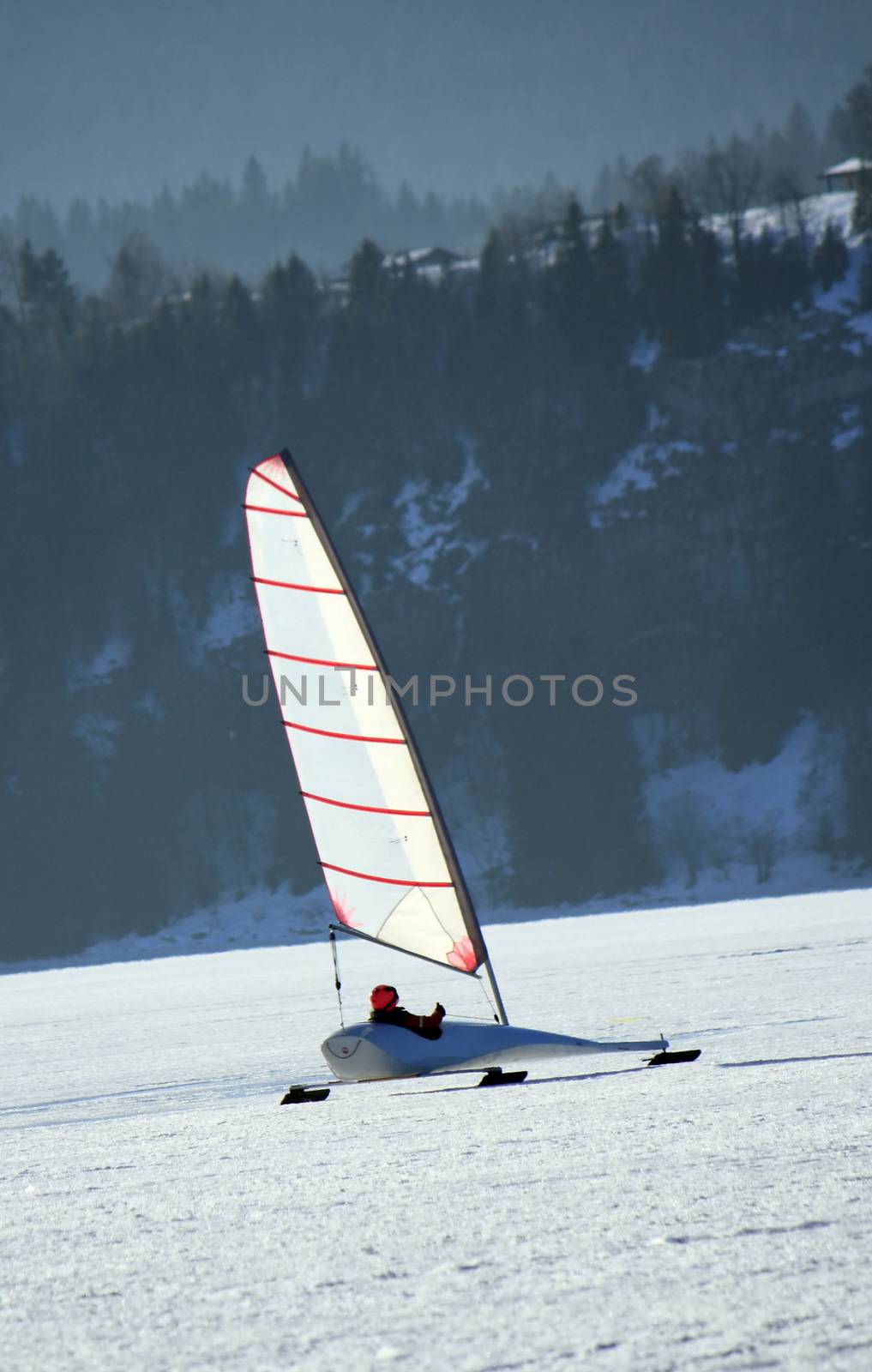 Ice sailing on the frozen lake, Joux valley, Switzerland