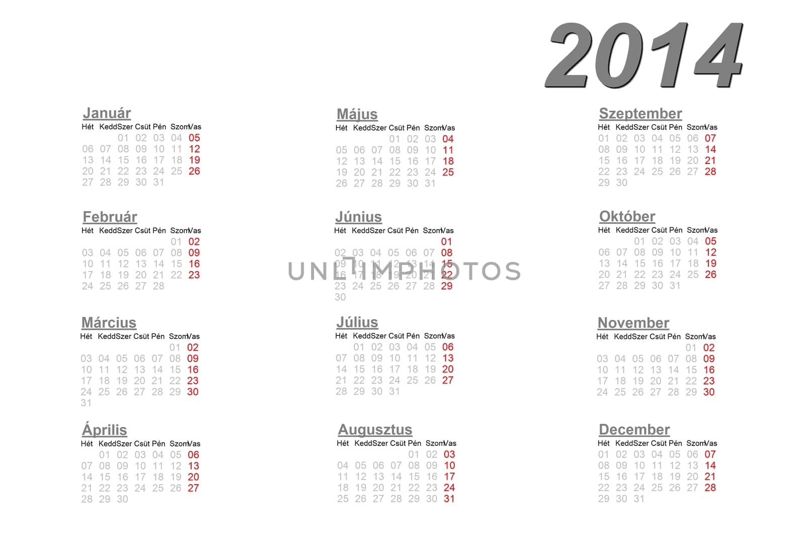 Hungarian calendar for 2014 on white background