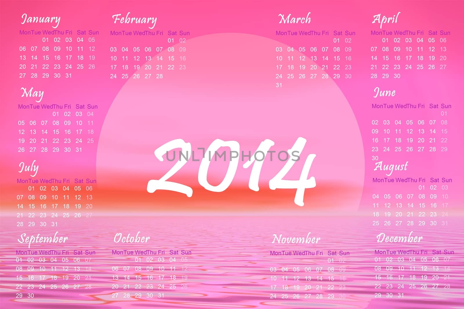 English 2014 monthly calendar and pink sunset over the ocean
