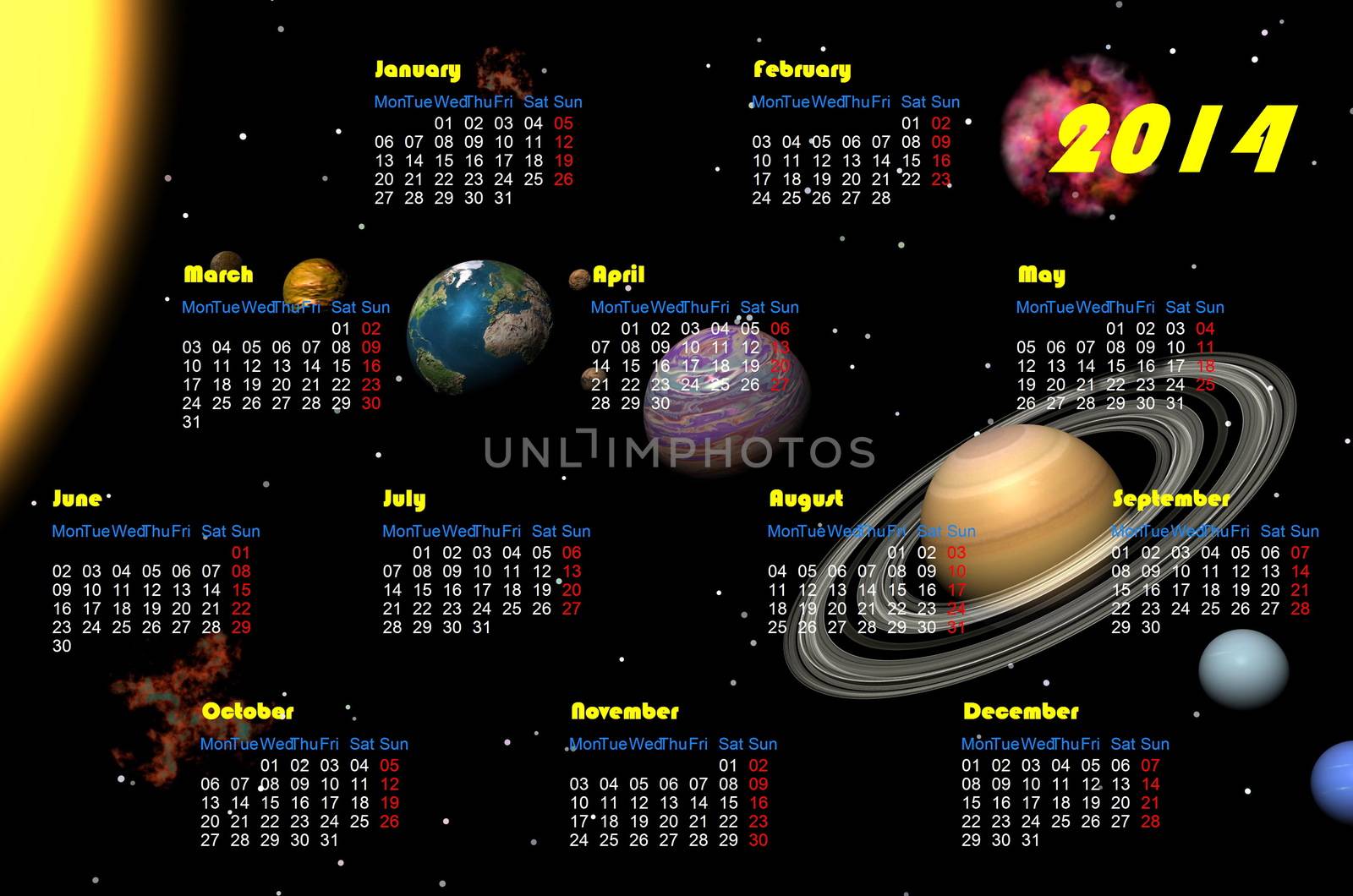 English 2014 monthly calendar and planets in the universe