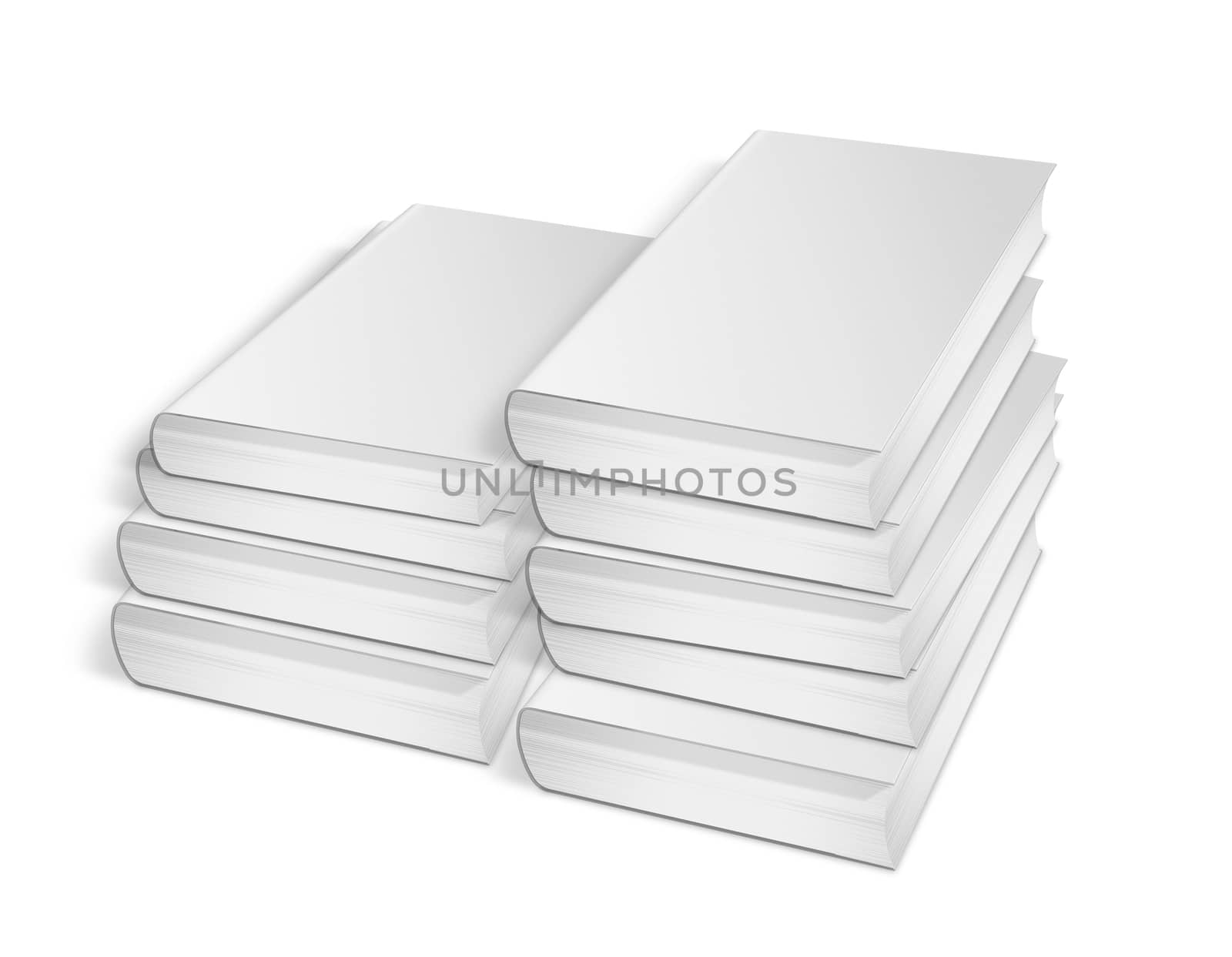 collection of various blank white books on white background