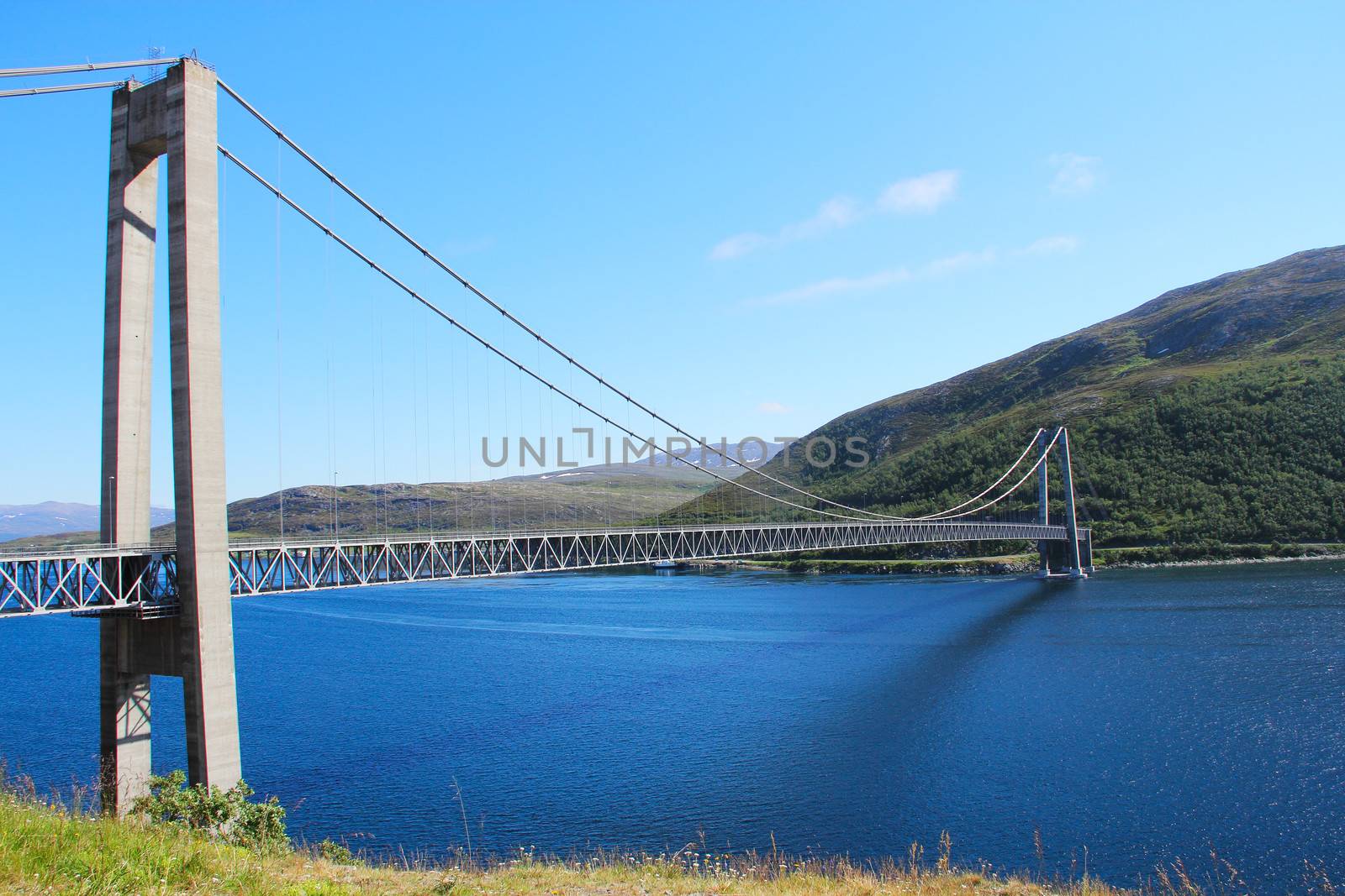 Beautiful panoramic view on bridge, mountains and fjord in Norway