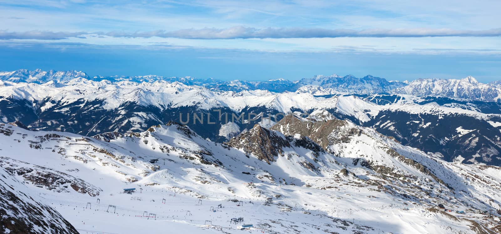 winter with ski slopes of kaprun resort next to kitzsteinhorn peak in austrian alps