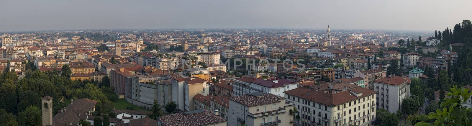 Panorama of lower town of Bergamo , Italy