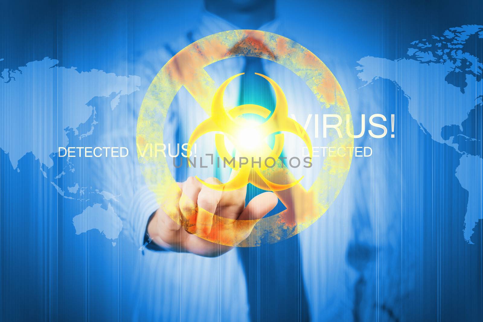 Image of businessman touching virus alert icon