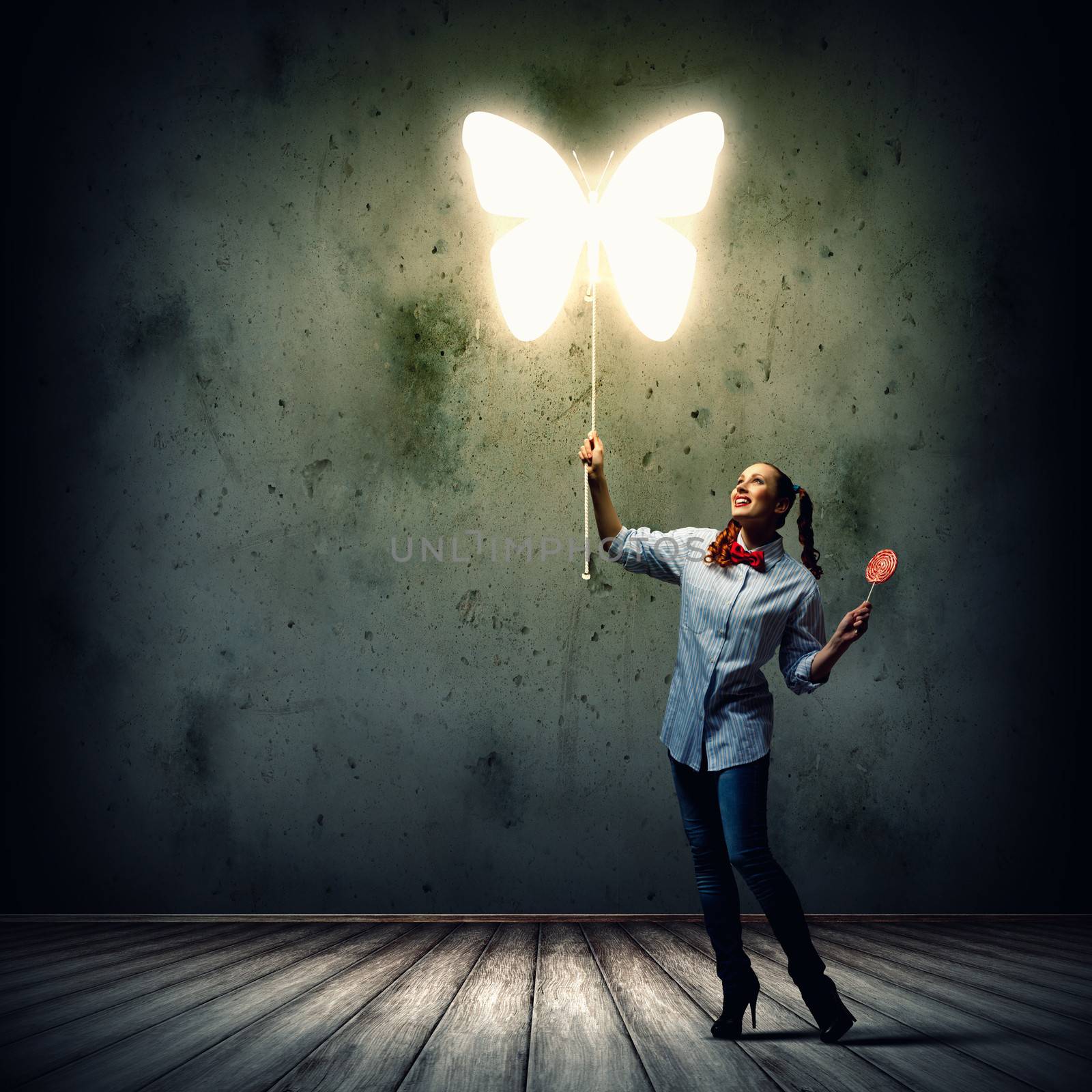 Funny teenager girl with candy and butterfly illustration