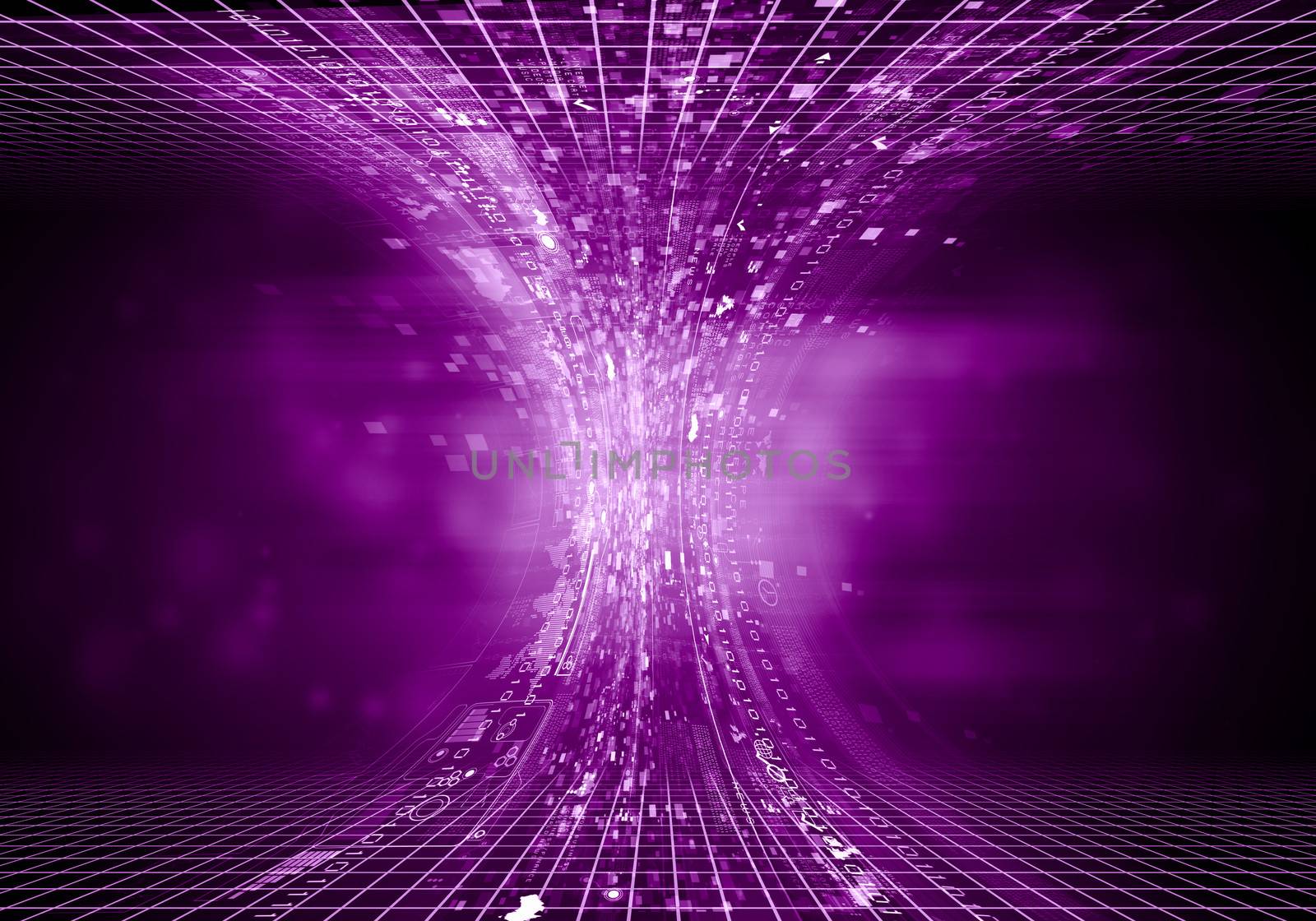 Purple digital funnel against dark background. Technology concept