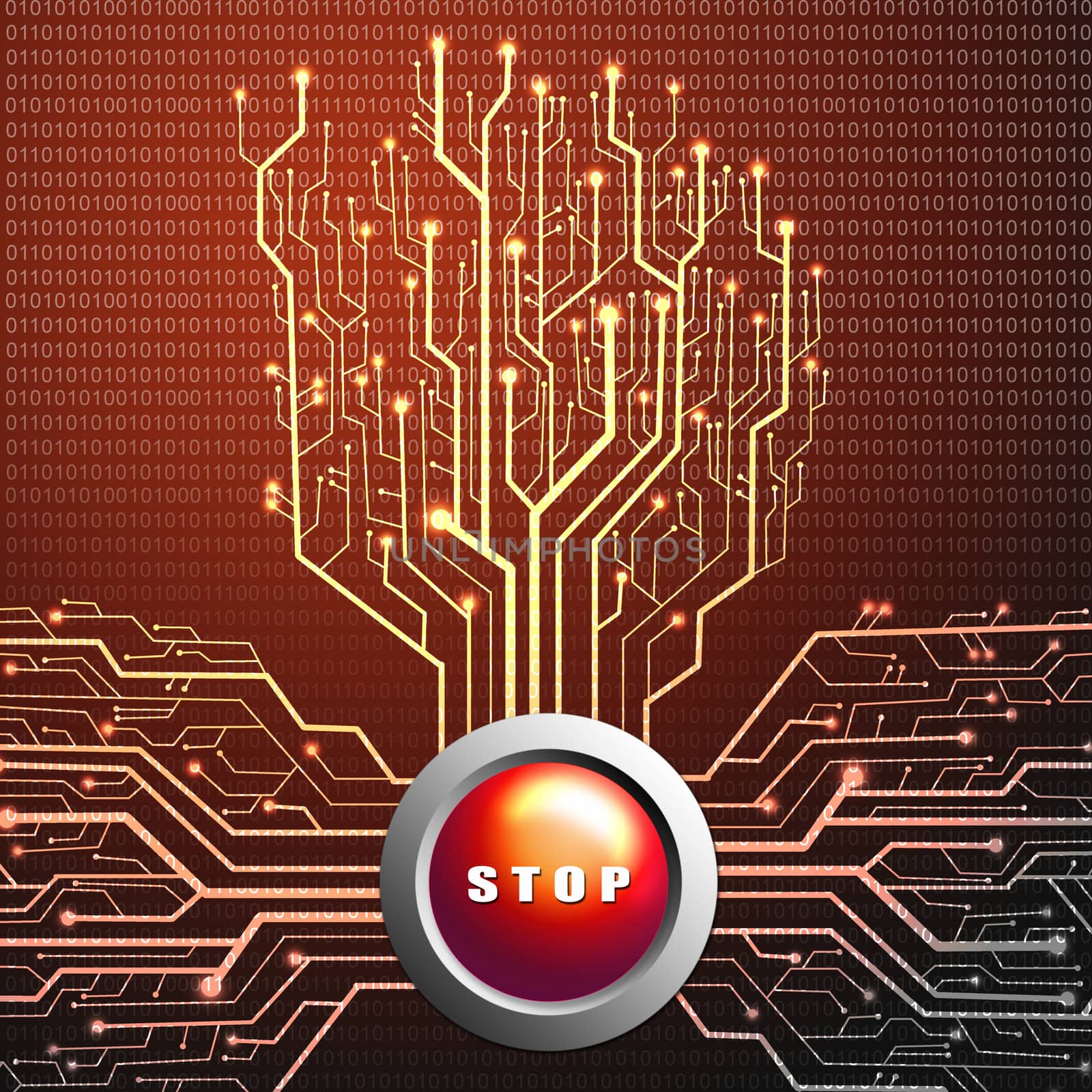 Stop button on circuit board in Tree shape, Technology background by pixbox77