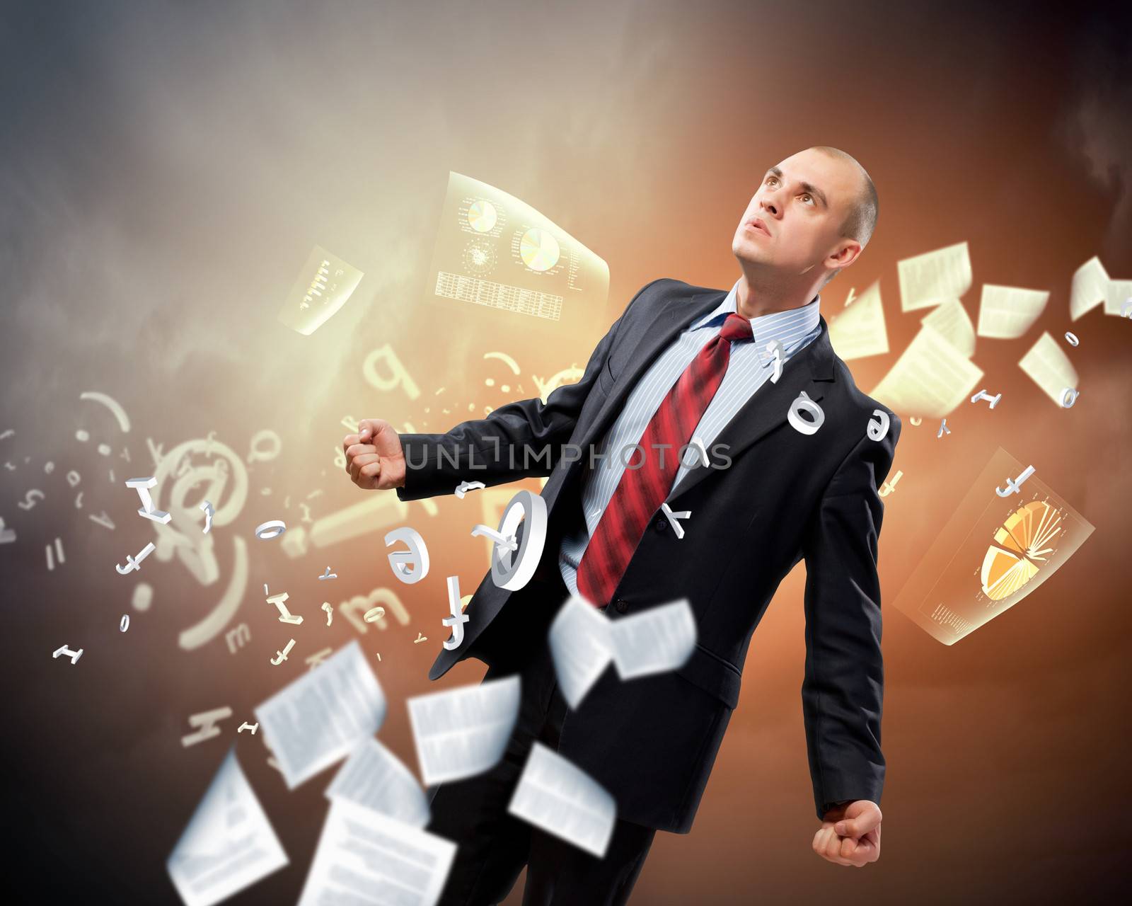 Image of young businessman in anger against illustration background