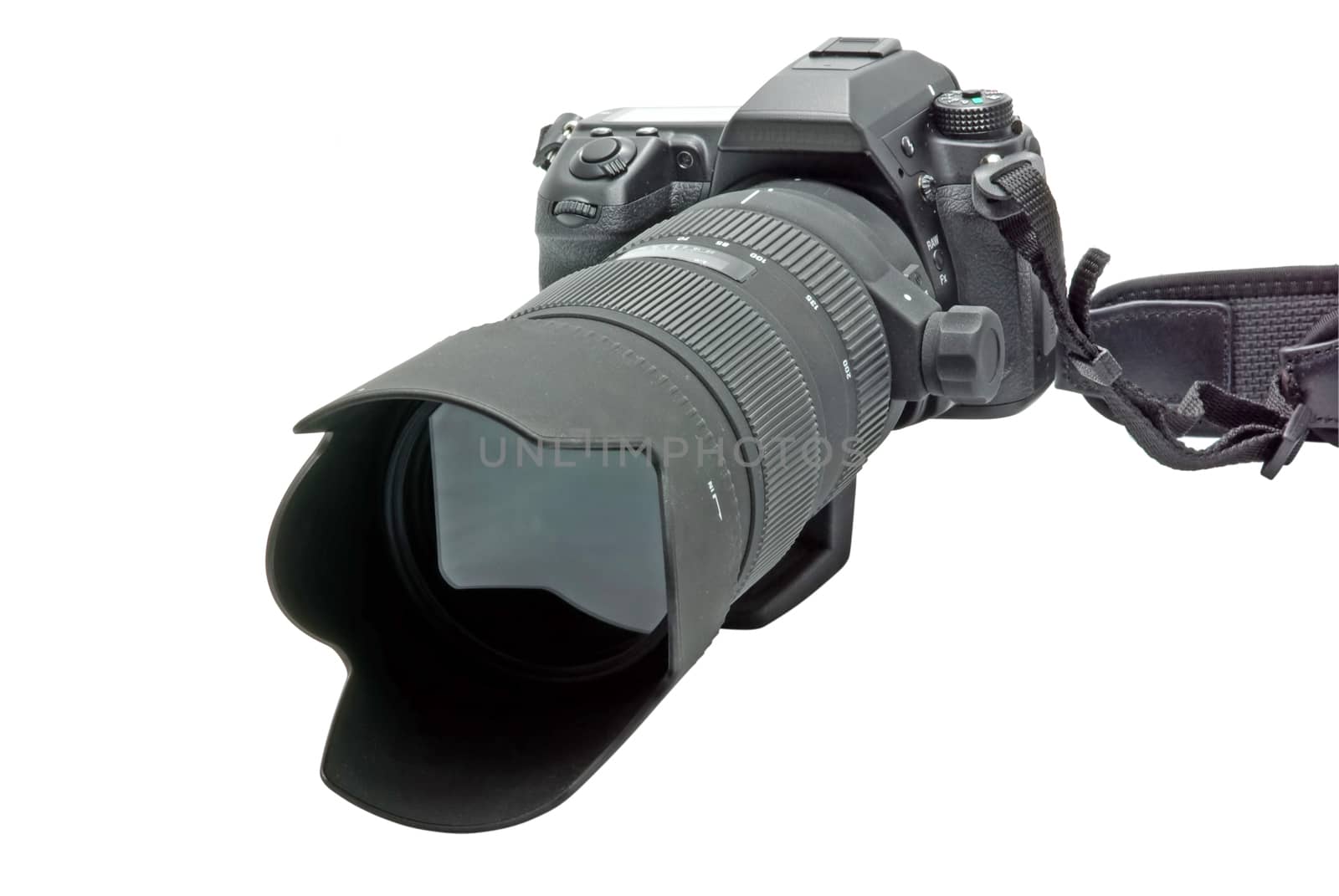 Camera with zoom lens isolated on white