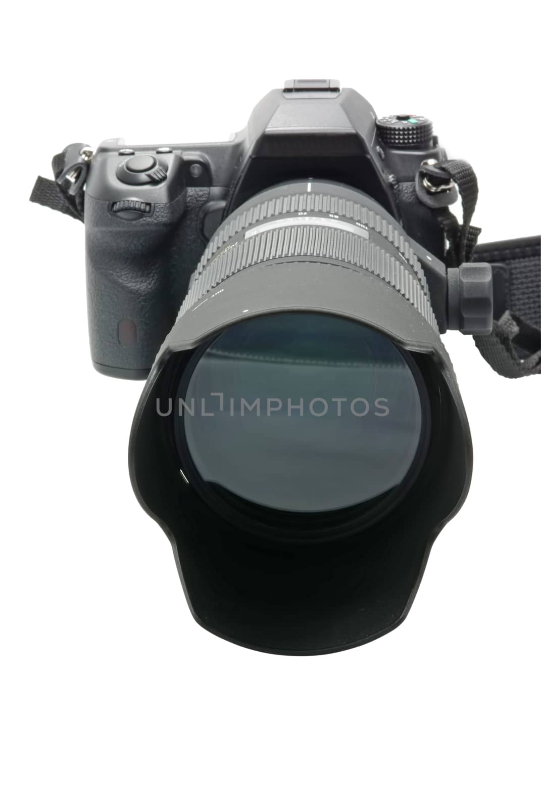 Modern DSLR camera with zoom lens attached on white