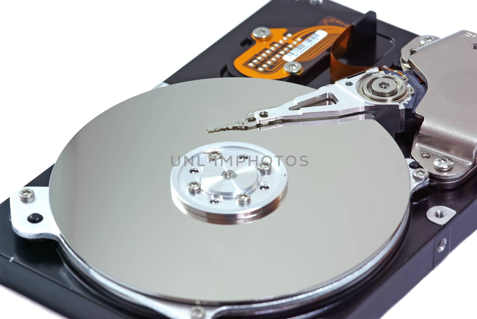 Hard disk drive opened isolated on white