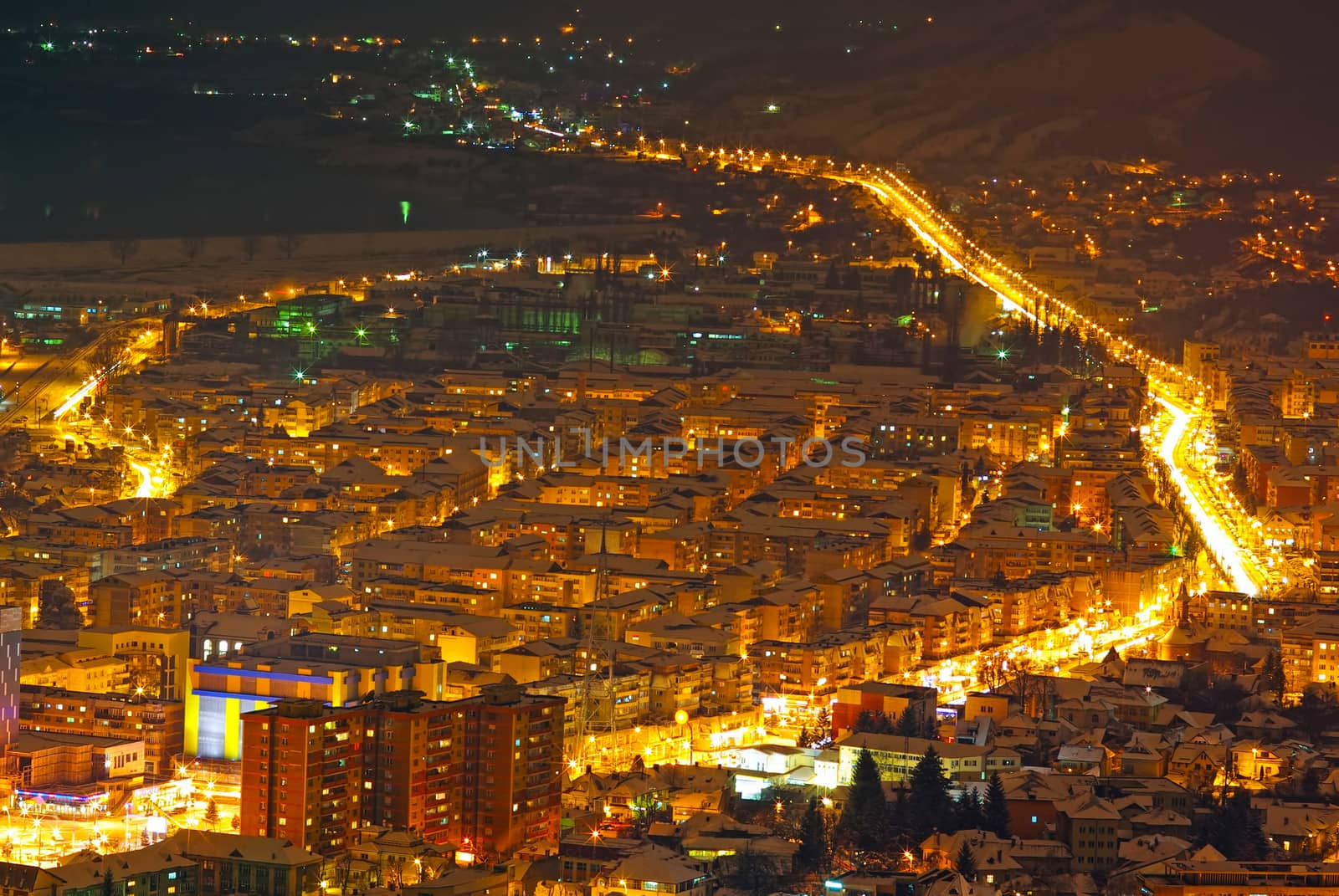 City in night with buildings and lights