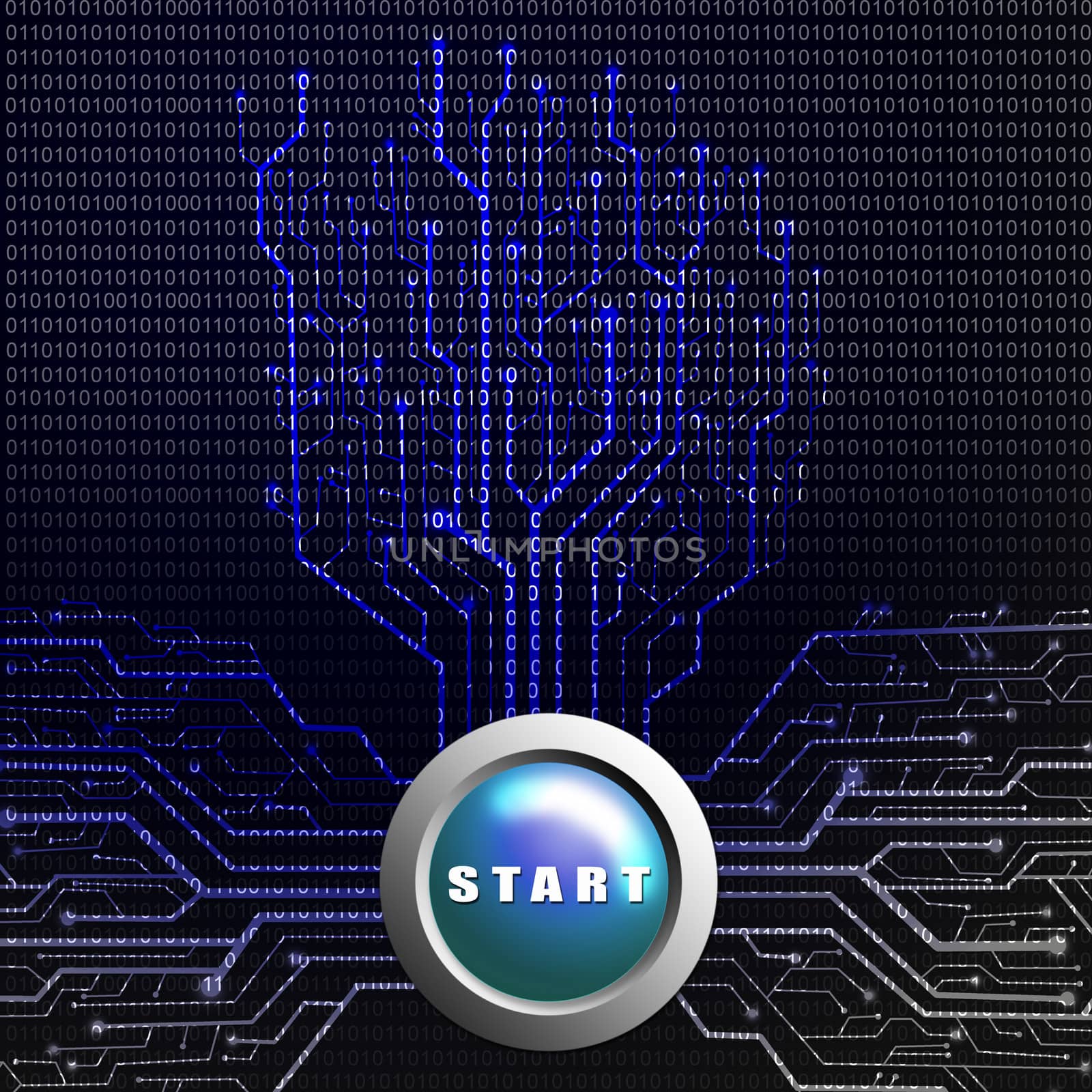 Start button on circuit board in Tree shape, Technology background by pixbox77