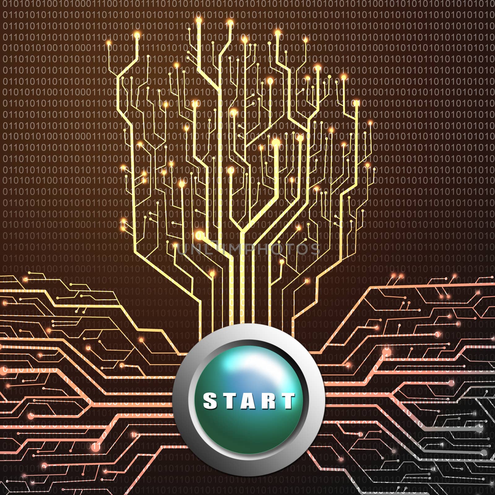 Start button on circuit board in Tree shape, Technology background by pixbox77