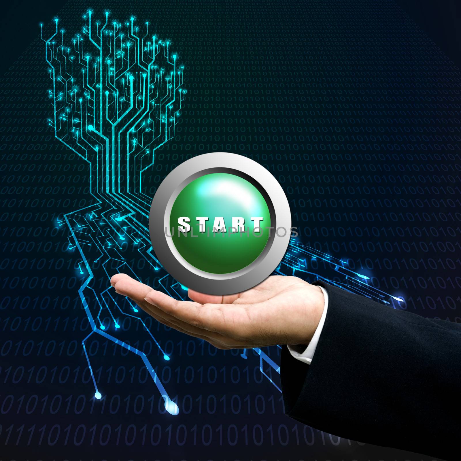 Start button on manager hand, Technology background by pixbox77