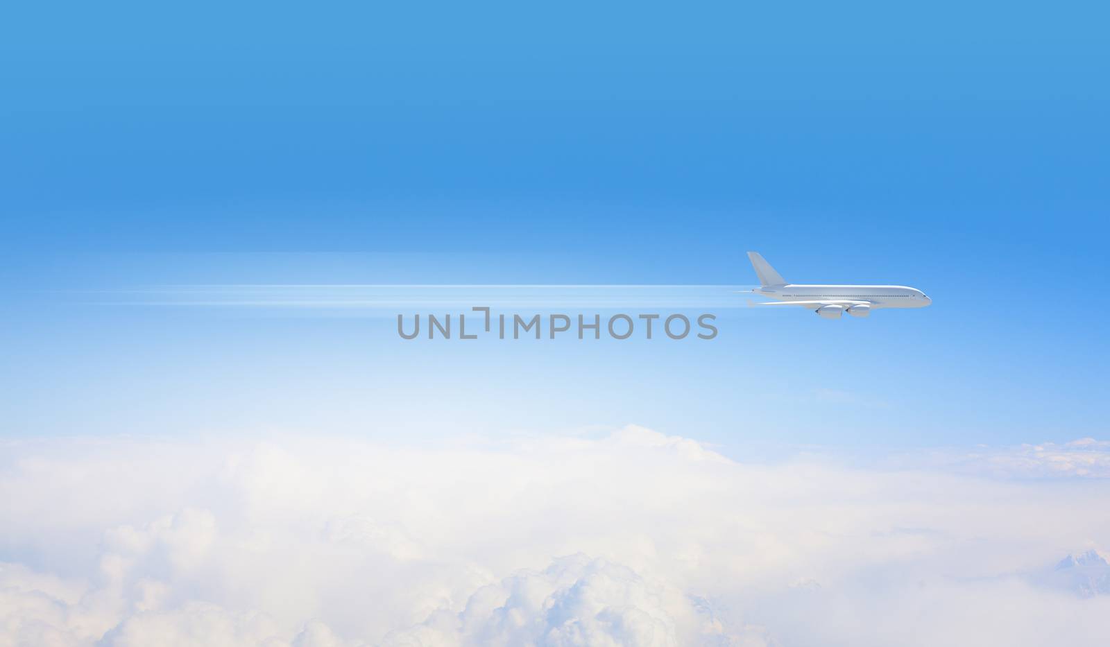 Image of flying airplane in clear sky with sun at background