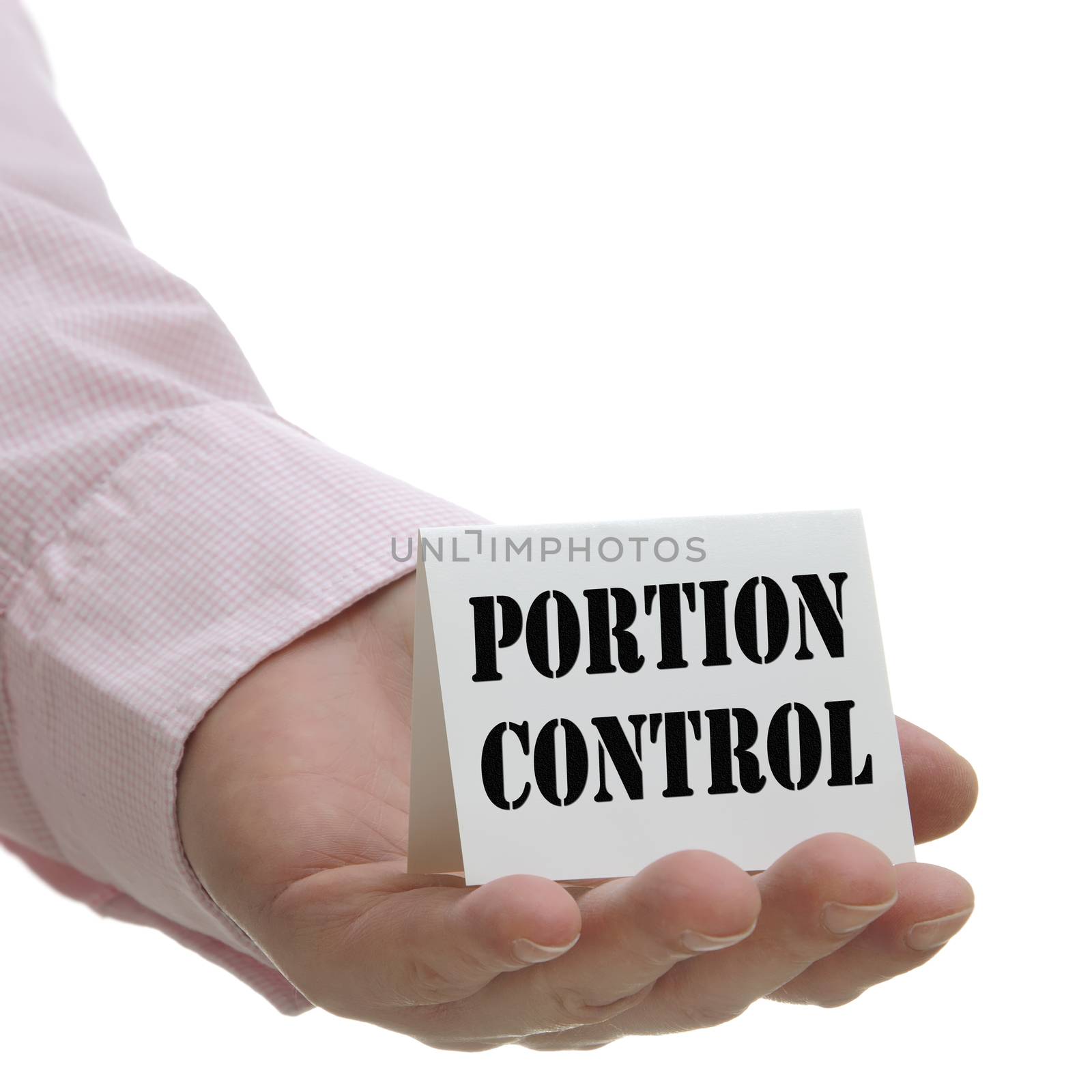 Business people holding portion control sign