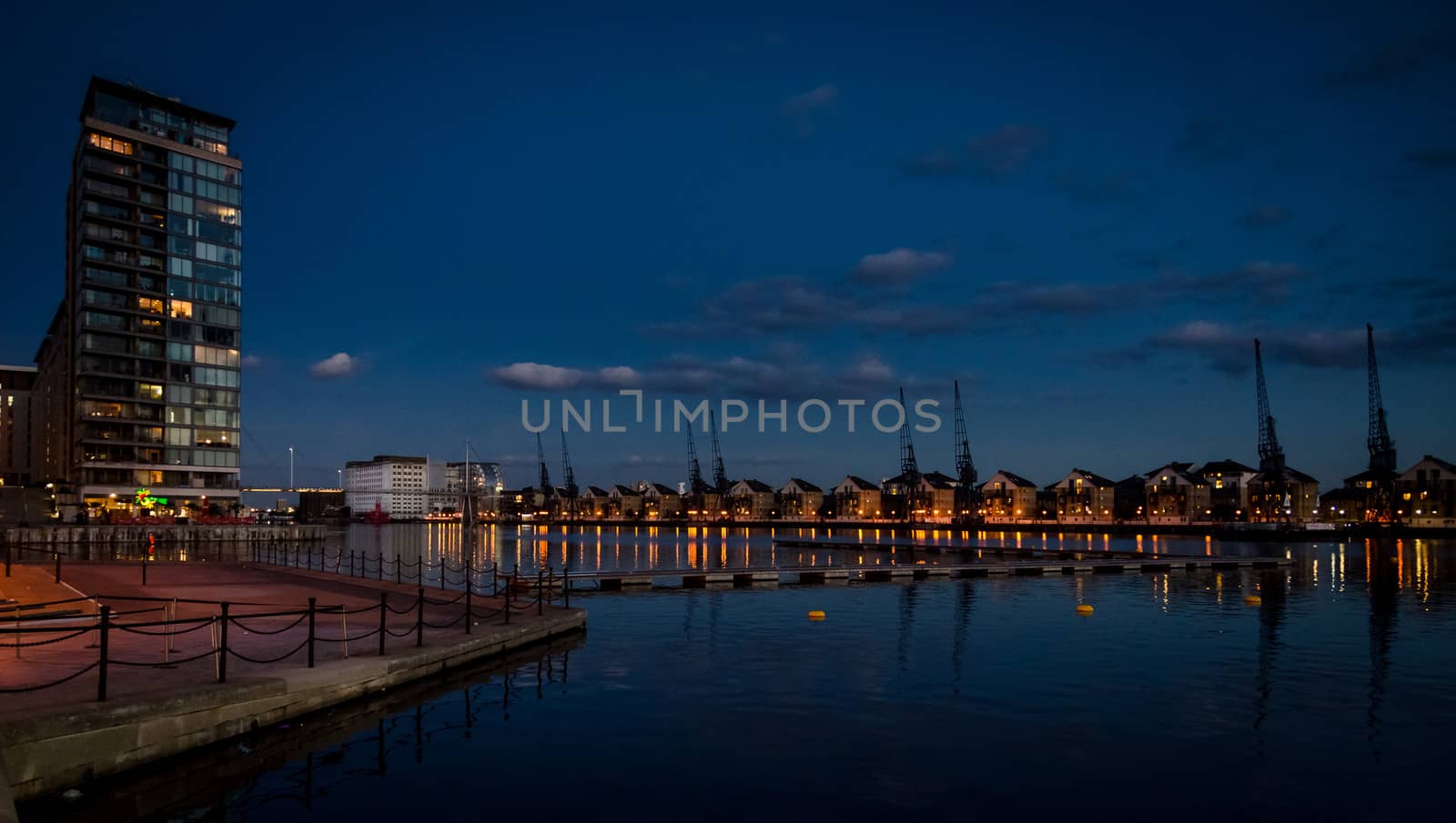 royal Victoria dock in London at dusk