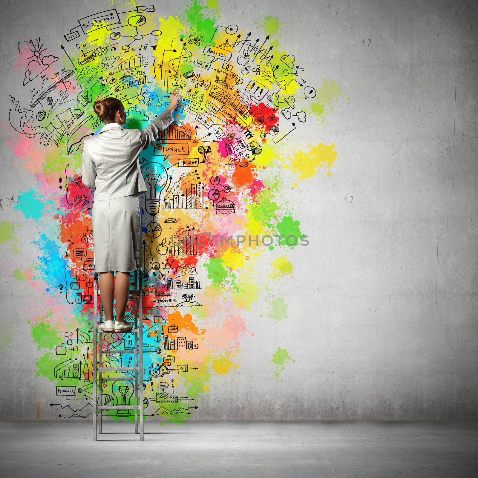 Back view of businesswoman drawing colorful business ideas on wall