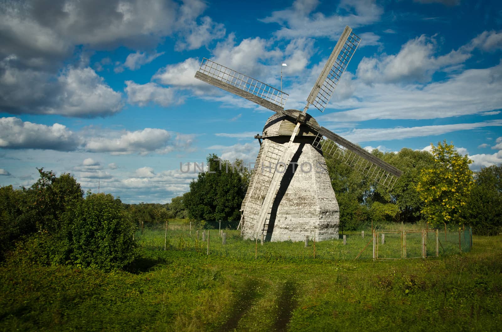 Ancient wooden windmill in Novgorod, Russia