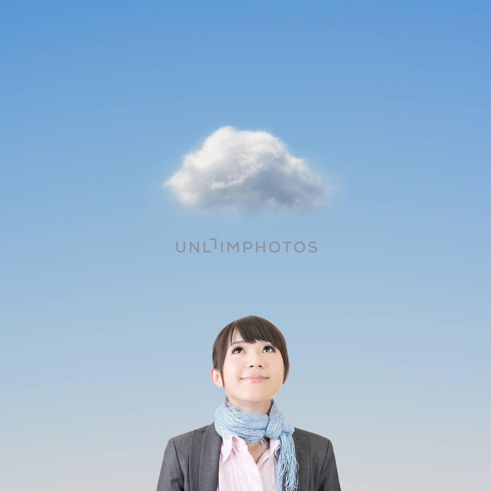 Charming asian business woman looking up on a thoughful cloud.