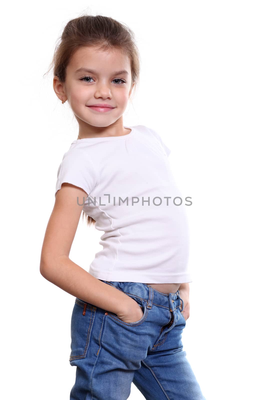 portrait of pretty little girl in blue jean by andersonrise