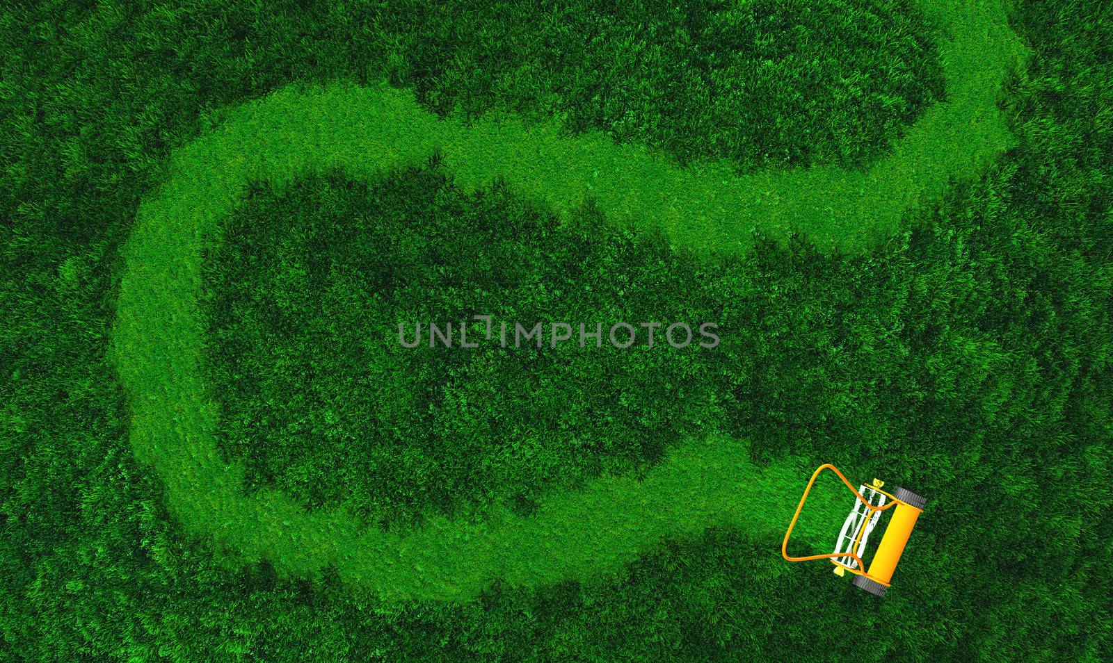 a top view of lawn where there is an orange push lawn mower in movement that is cutting the grass drawing a curved path on the grass